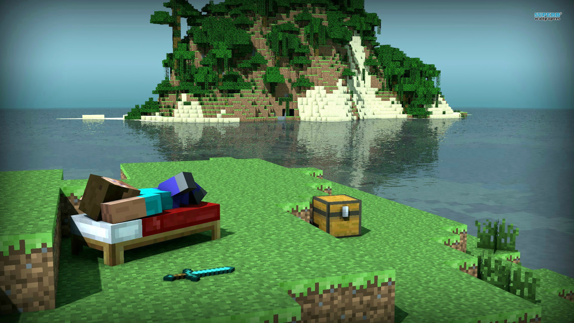 Minecraft, Steve, Letto, Isola, Mare, Full HD 1080p, sfondo desktop