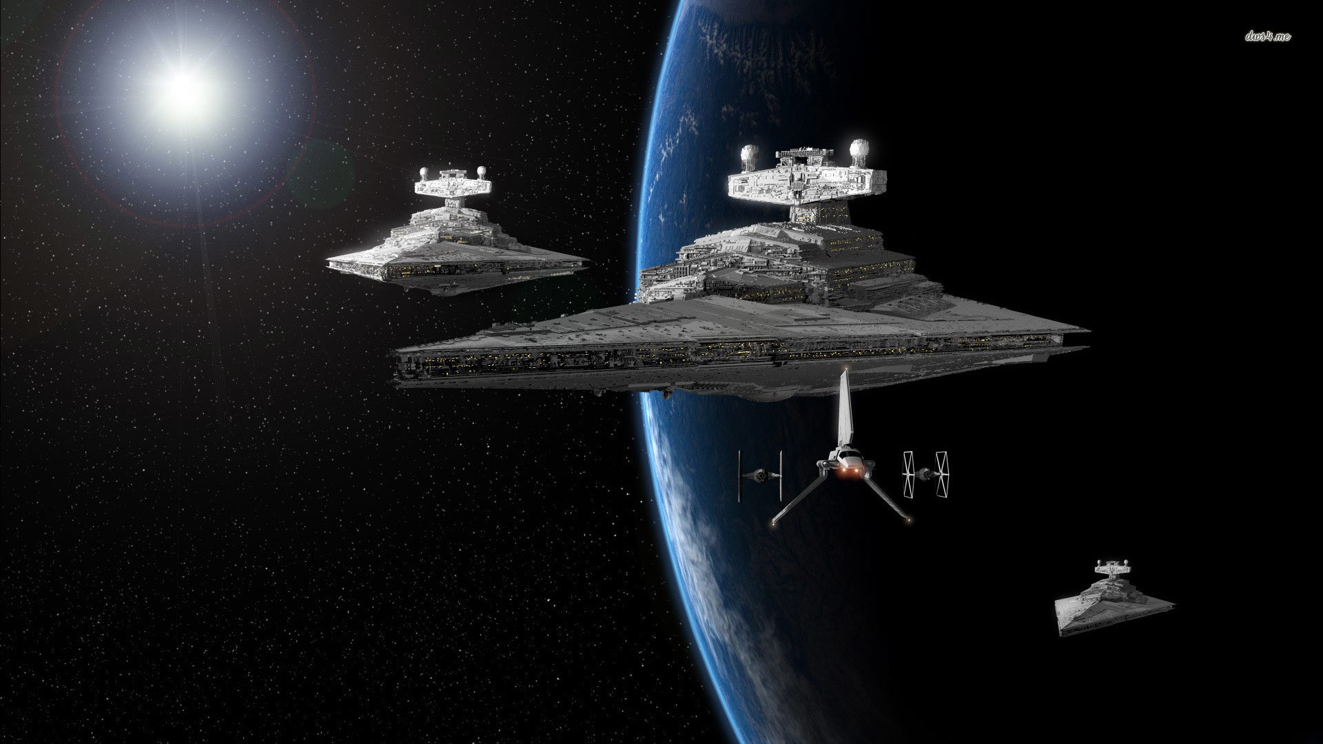 Star Destroyer, Shuttle imperiale, TIE Fighter, Pianeta, Star Wars, sfondo 1920x1080 per PC