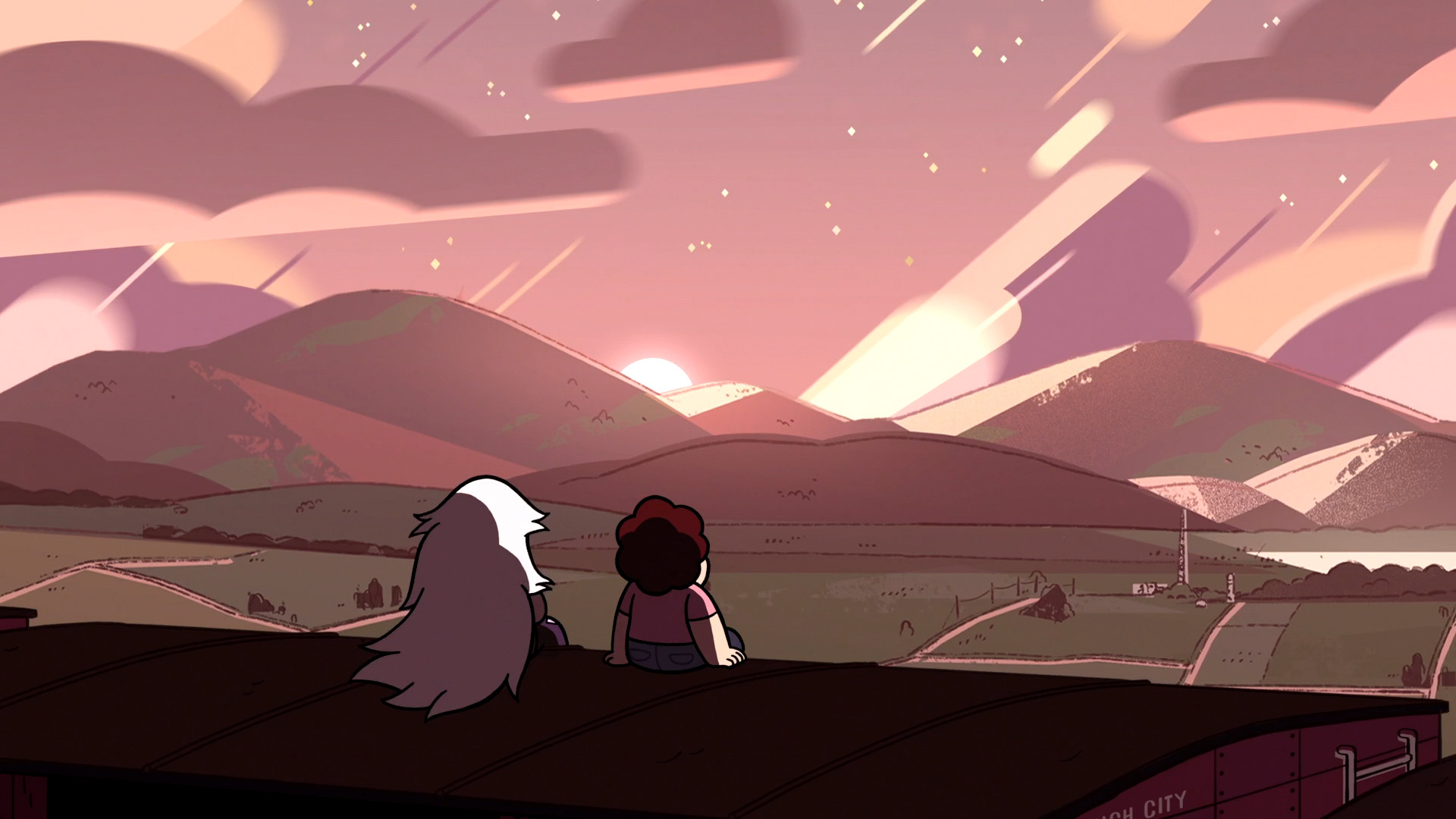 Steven, Ametista, Steven Universe, Tramonto, Colline, 1920x1080, wallpaper desktop