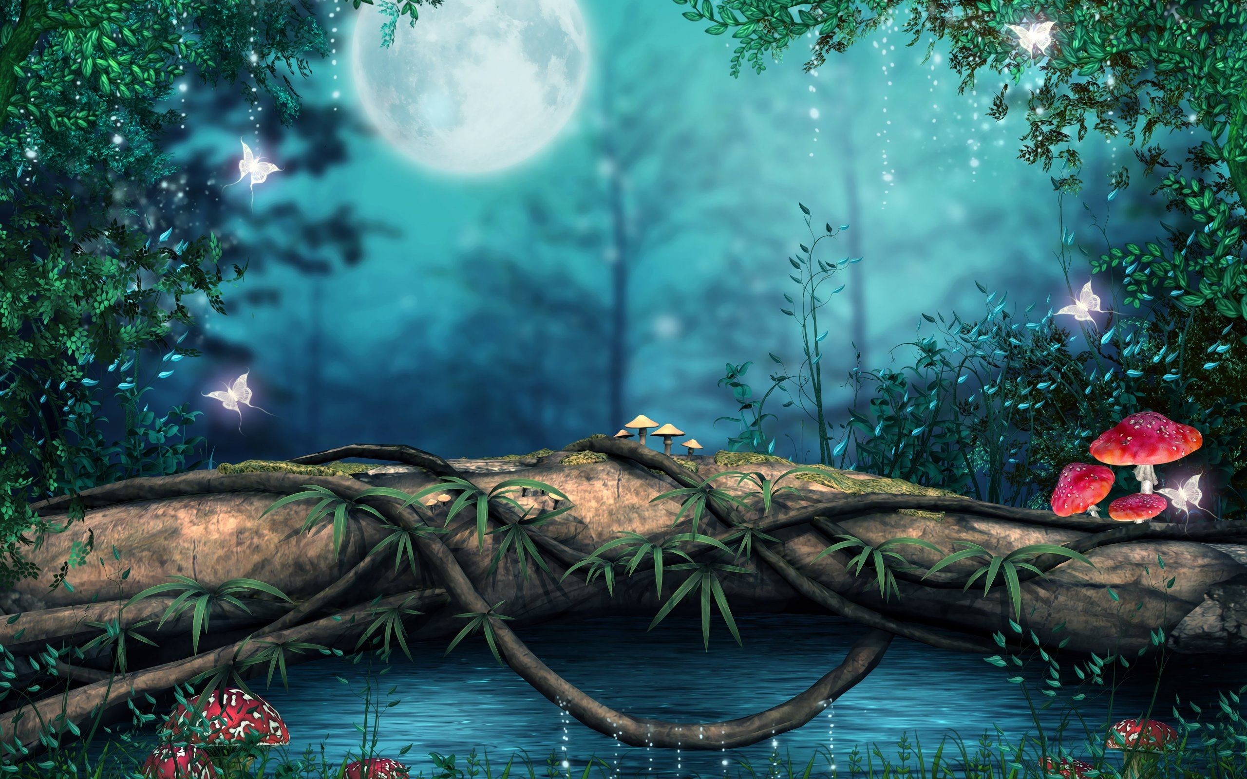 Foresta incantata, Luna piena, Funghi, Farfalle, Fantasy, 2K, sfondo per PC e portatile