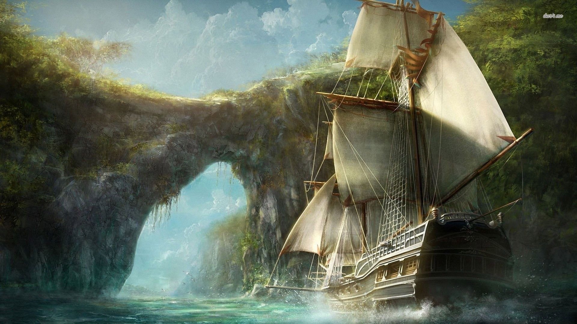 Galeone, Arco di roccia, Vele, Fantasy, Mare, Full HD 1080p, sfondo desktop