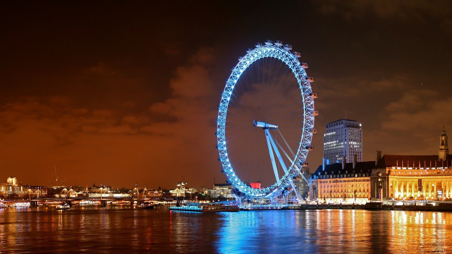 London Eye, Tamigi, Londra, Notte, Full HD, sfondo per portatile