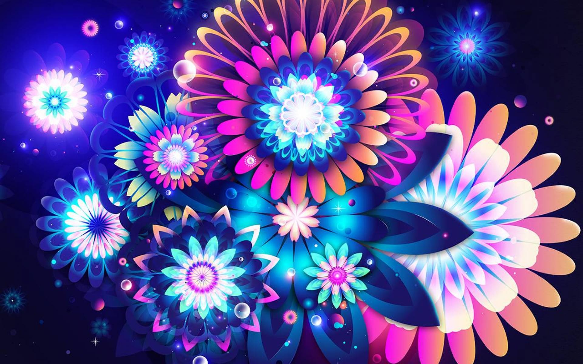 Fiori astratti, Neon, Arte digitale, Blu e rosa, 16:10 Full HD, sfondo widescreen