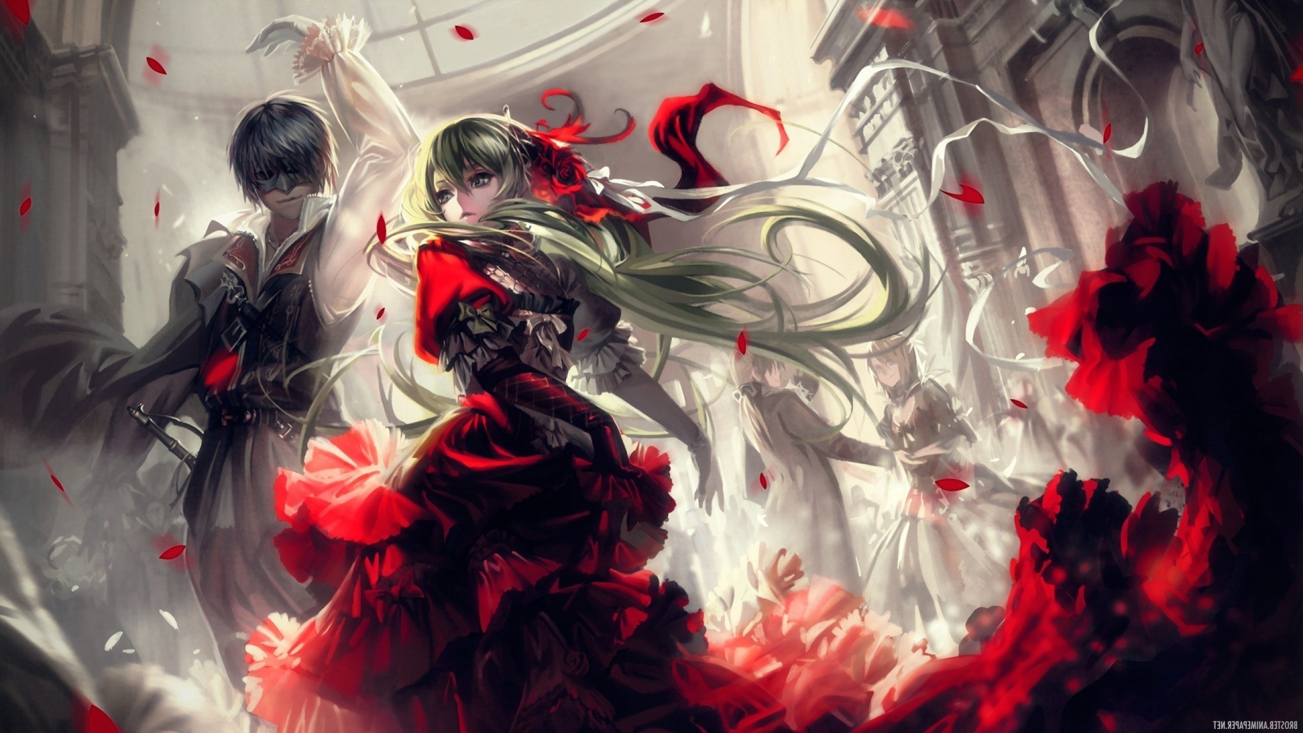 C.C., Lelouch Lamperouge, Code Geass, Petali rossi, Abito gotico, sfondo desktop 2560x1440
