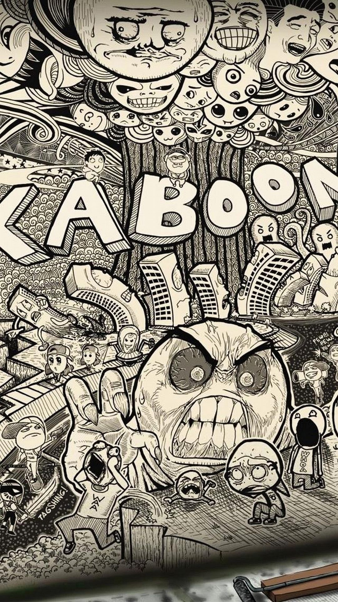 Kaboom, Doodle, Fumetto, Bianco e nero, schermata di blocco dello smartphone