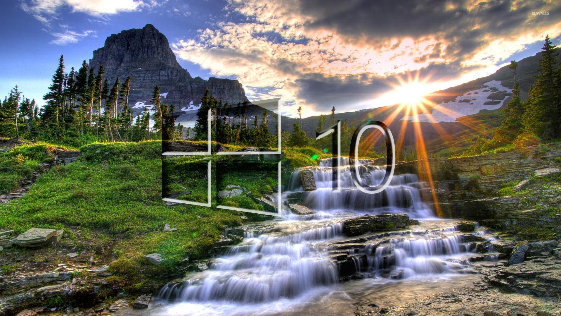 Windows 10, Logo Windows, Cascata, Montagne, Sole, 1920x1080, sfondo per PC