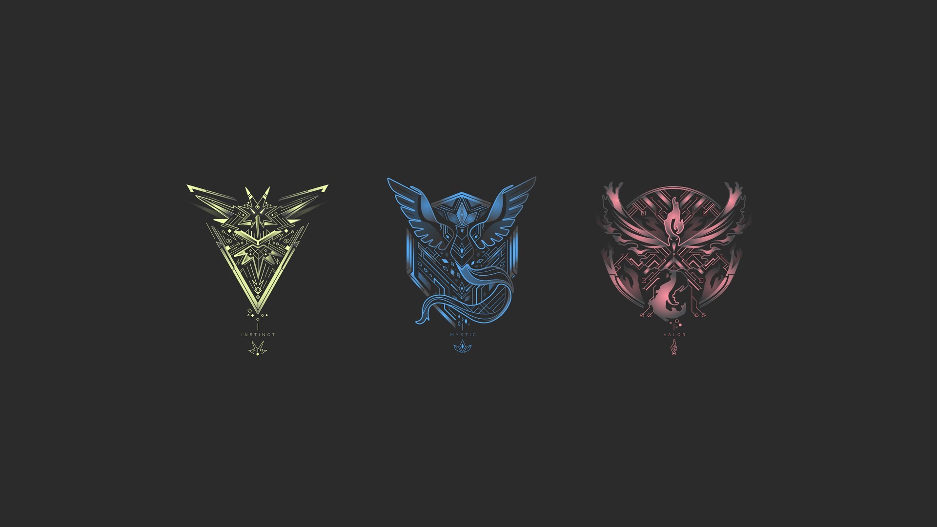 Team Istinto, Team Saggezza, Team Coraggio, Pokémon GO, Sfondo grigio, wallpaper 1920x1080