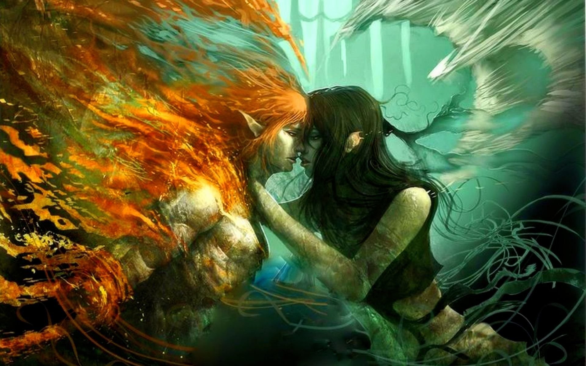 Angeli, Fantasy, Fiamme, Verde, Full HD, wallpaper per portatile