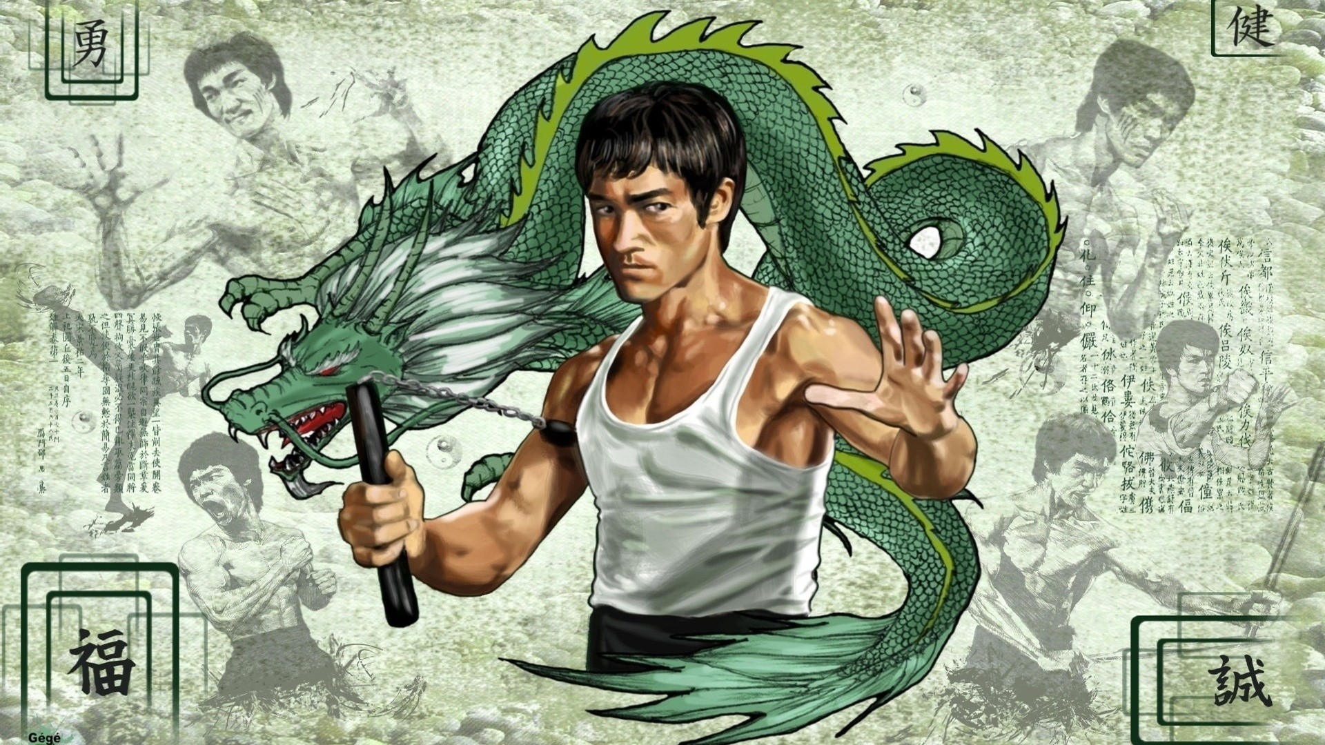 Bruce Lee, Drago verde, Nunchaku, Illustrazione, 1920x1080, immagine di sfondo