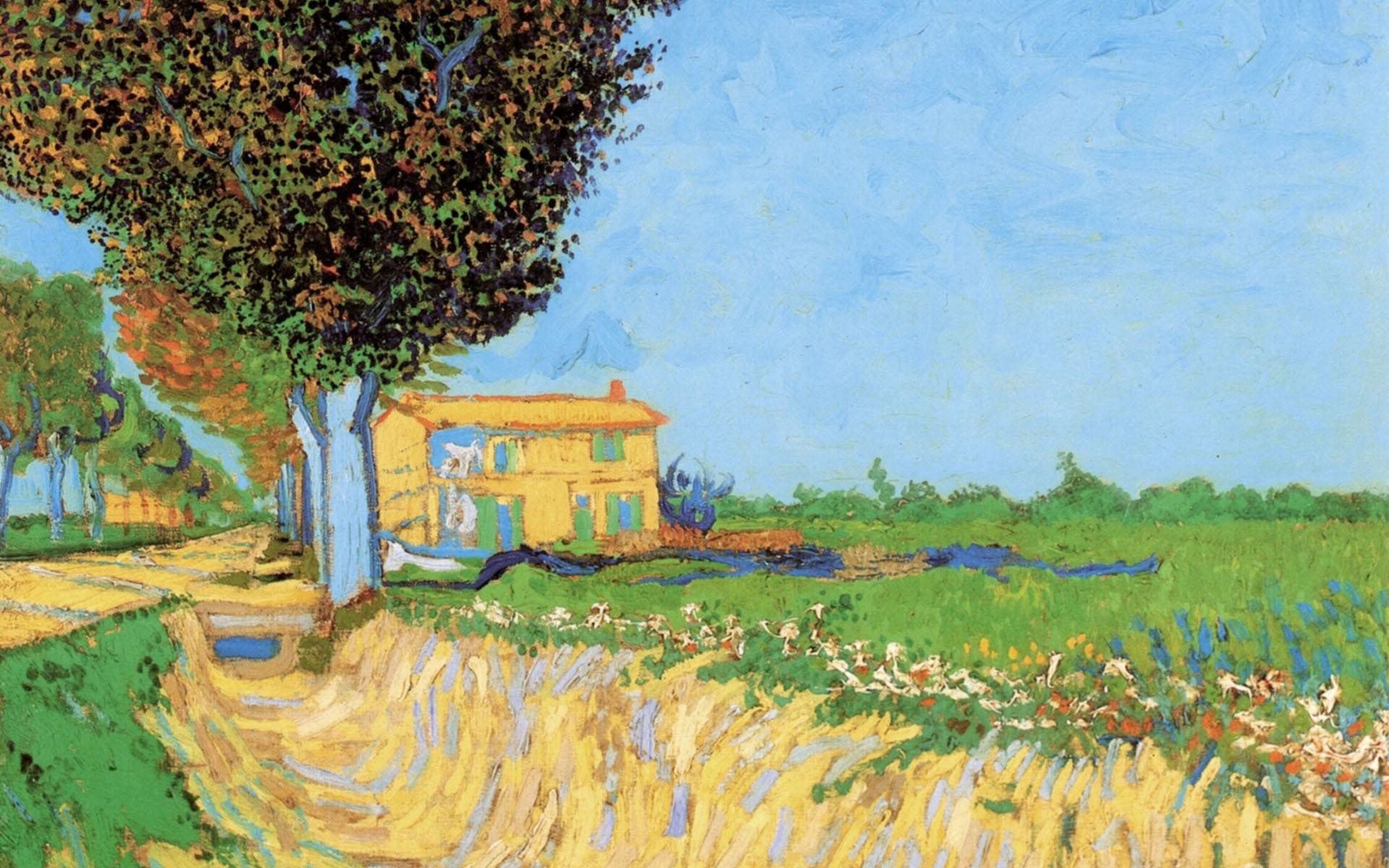Vincent van Gogh, Campagna, Alberi, Cielo azzurro, Full HD, sfondo per PC