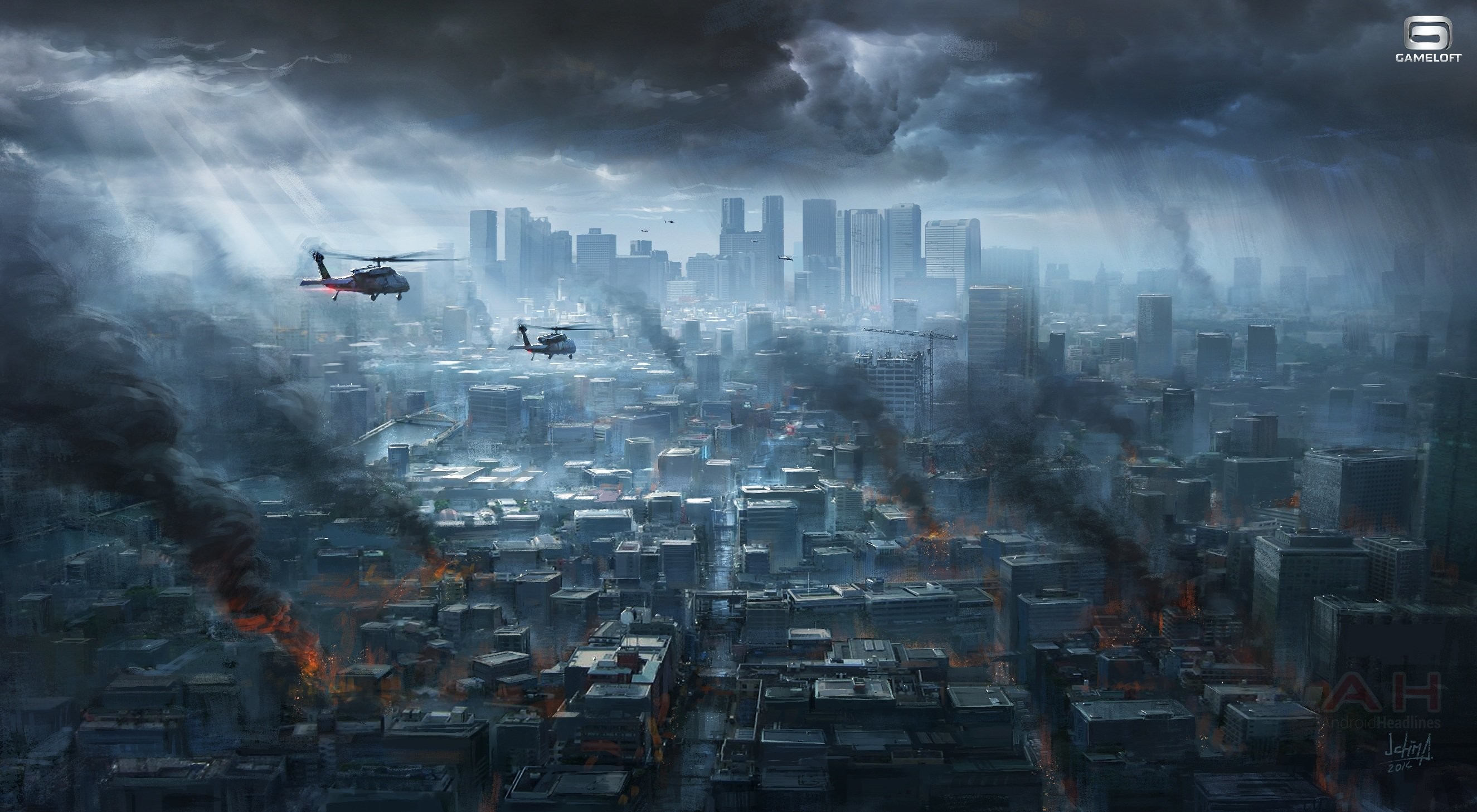 Città in guerra, Elicotteri, Incendi, Fumo, 2K, sfondo Windows 11