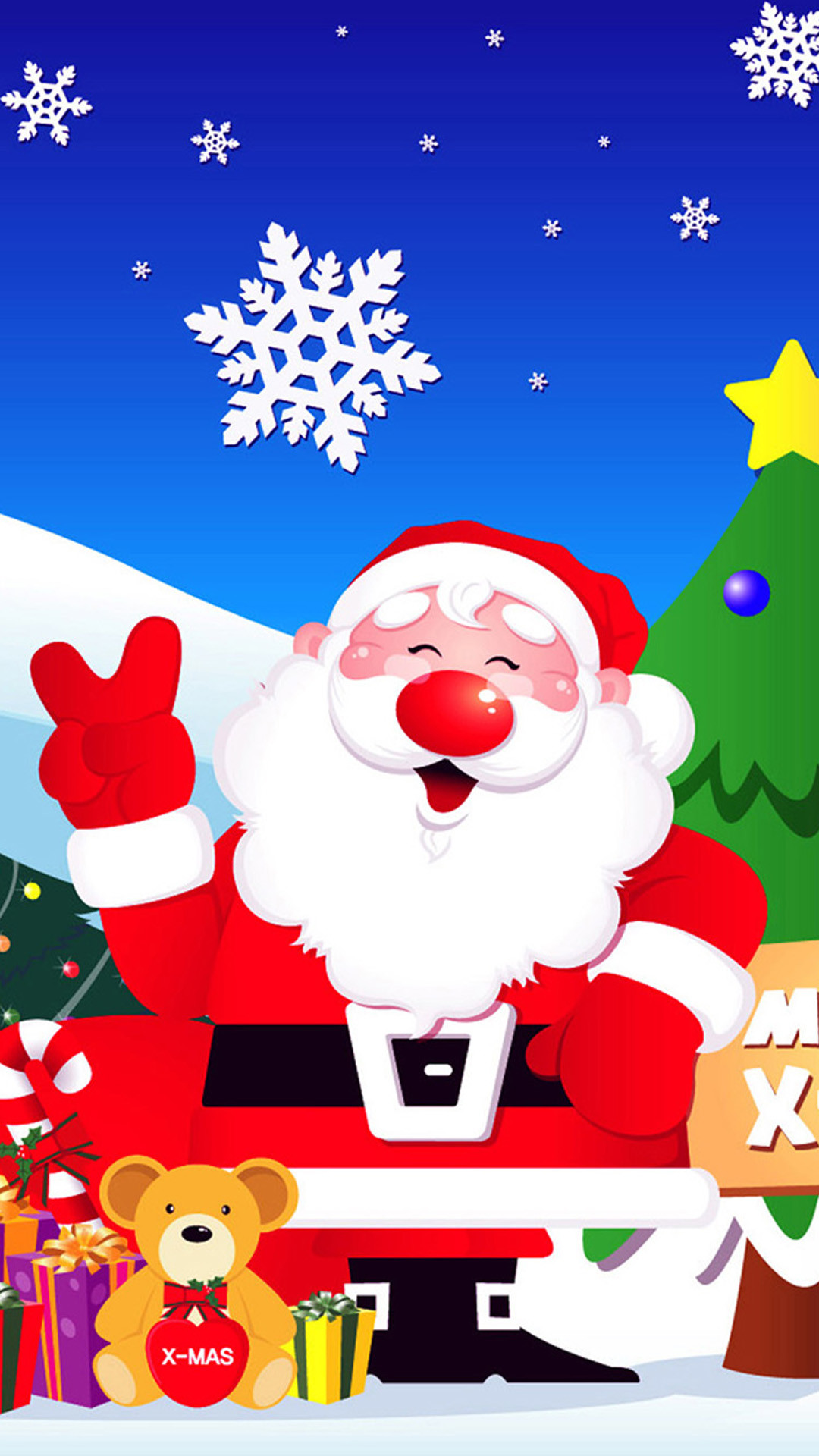 Babbo Natale, Cartoon, Fiocchi di neve, Regali, Full HD, sfondo verticale per cellulare