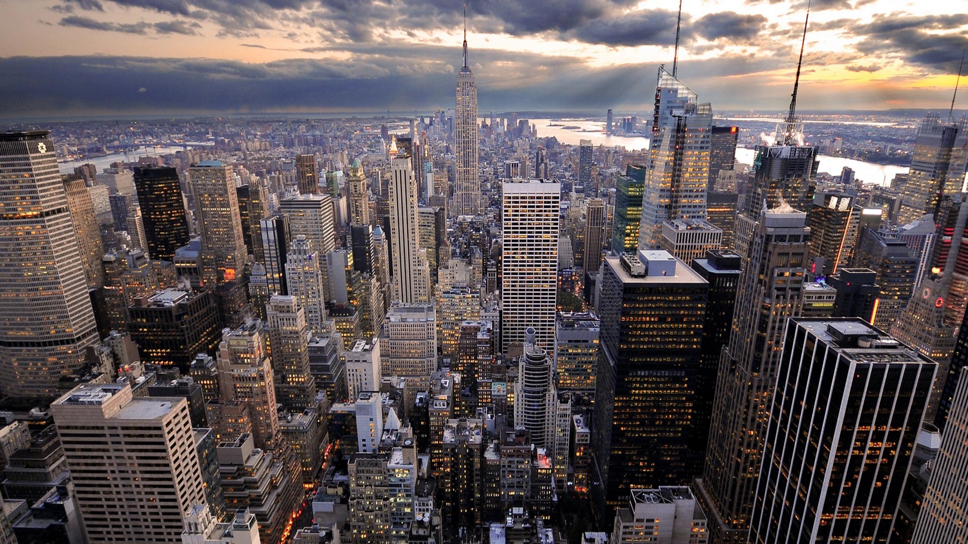 Manhattan, Empire State Building, New York, Nuvole, Vista aerea, sfondo desktop 1080p