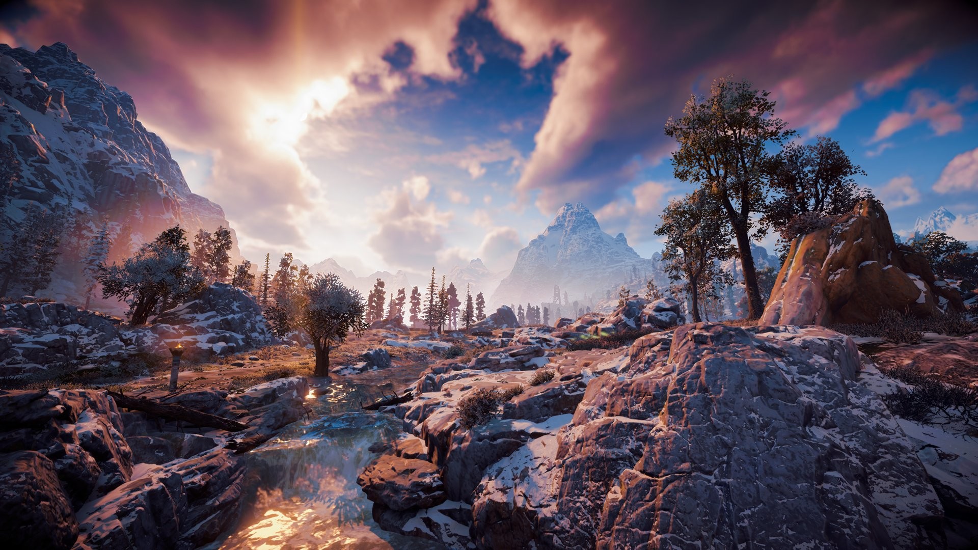 Horizon Zero Dawn, Paesaggio, Montagne, Cielo, 1920x1080, sfondo per PC