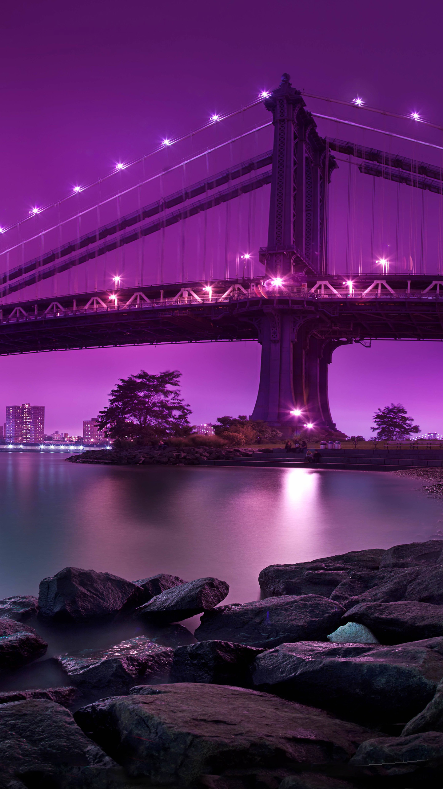 Manhattan Bridge, New York, Notte, Viola, immagine di sfondo Samsung Galaxy S7
