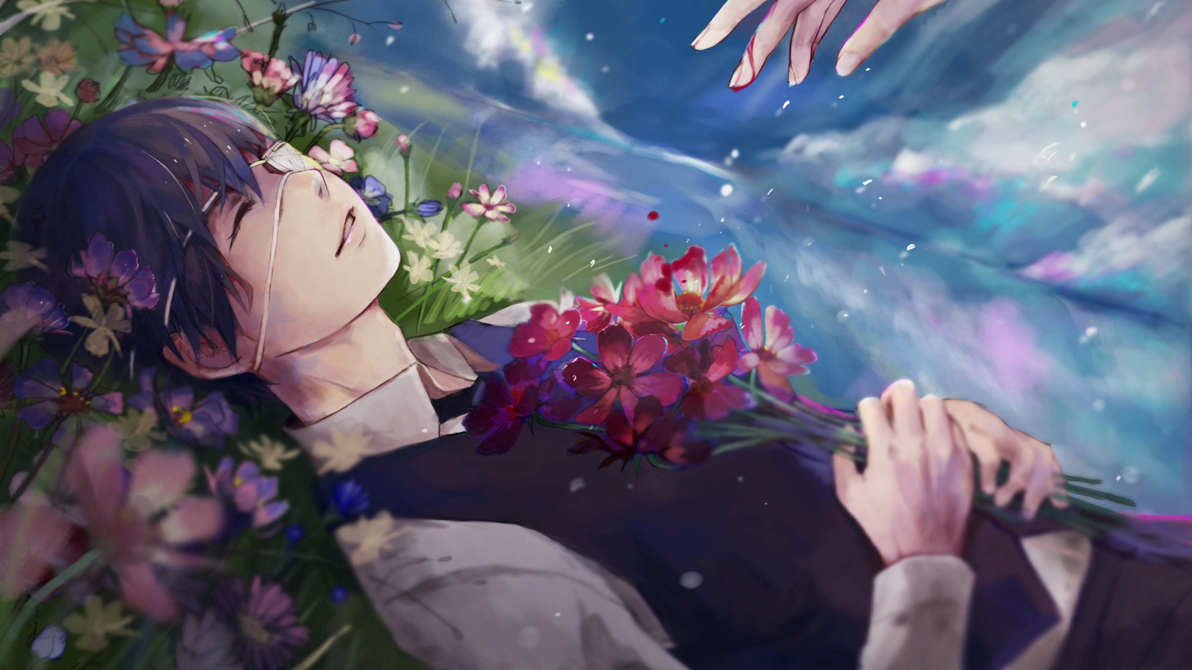 Ken Kaneki, Tokyo Ghoul, Fiori, Cielo, Sdraiato, 4K, sfondo per PC