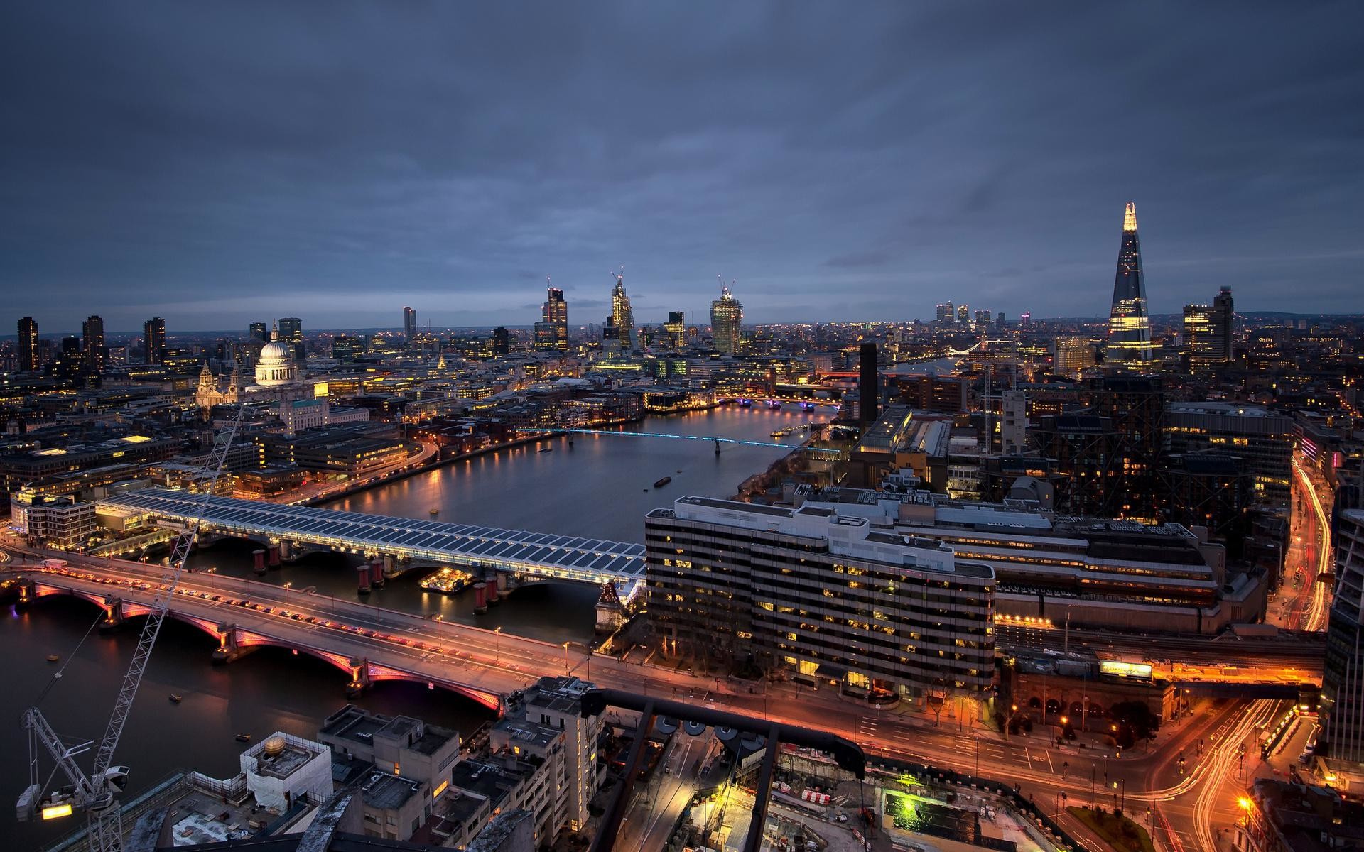 The Shard, Cattedrale di Saint Paul, Blackfriars Bridge, Tamigi, Londra, Vista aerea, Crepuscolo, wallpaper desktop