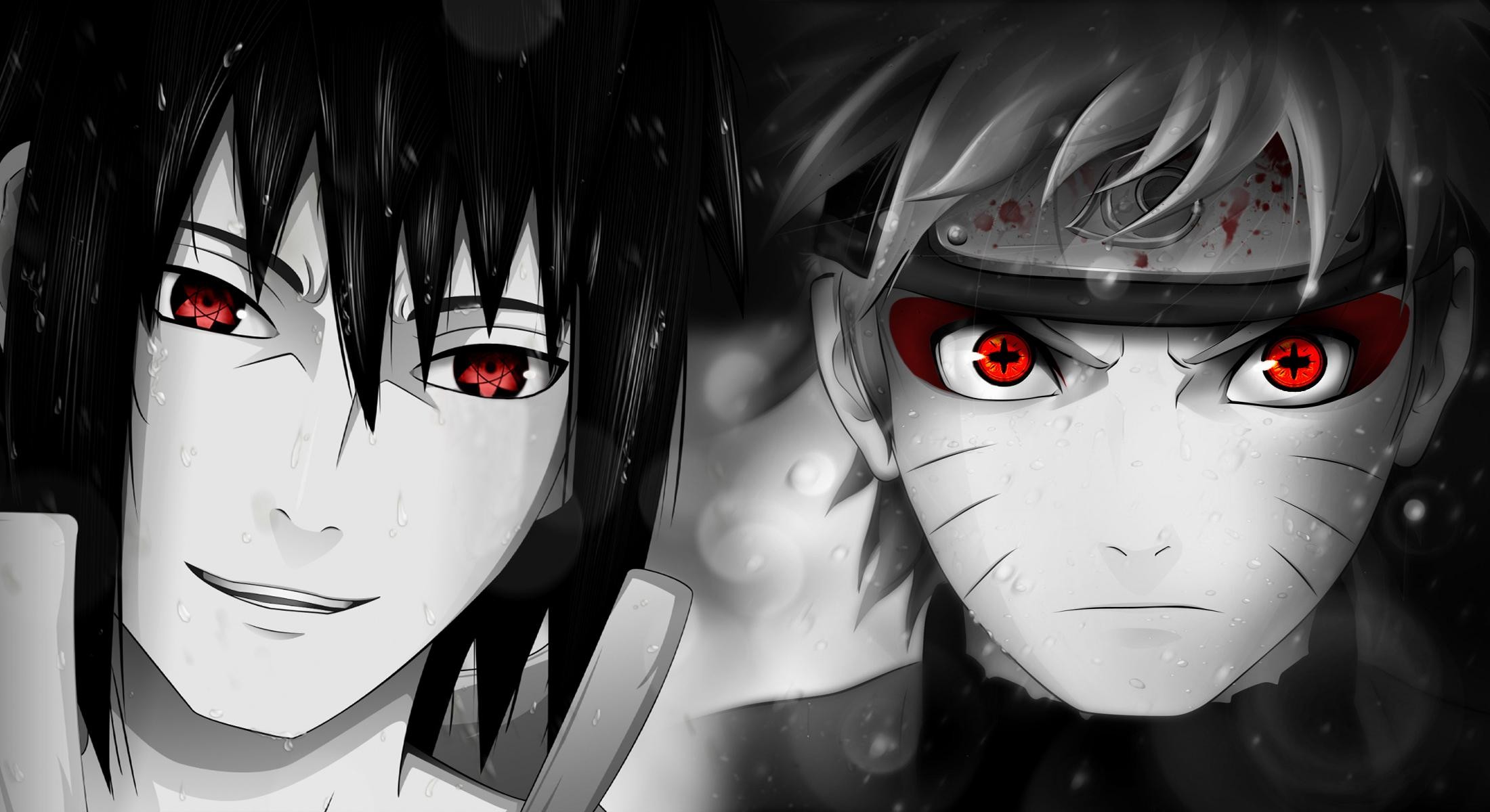 Sasuke Uchiha, Naruto Uzumaki, Sharingan, Bianco e nero, Full HD, sfondo Windows 11