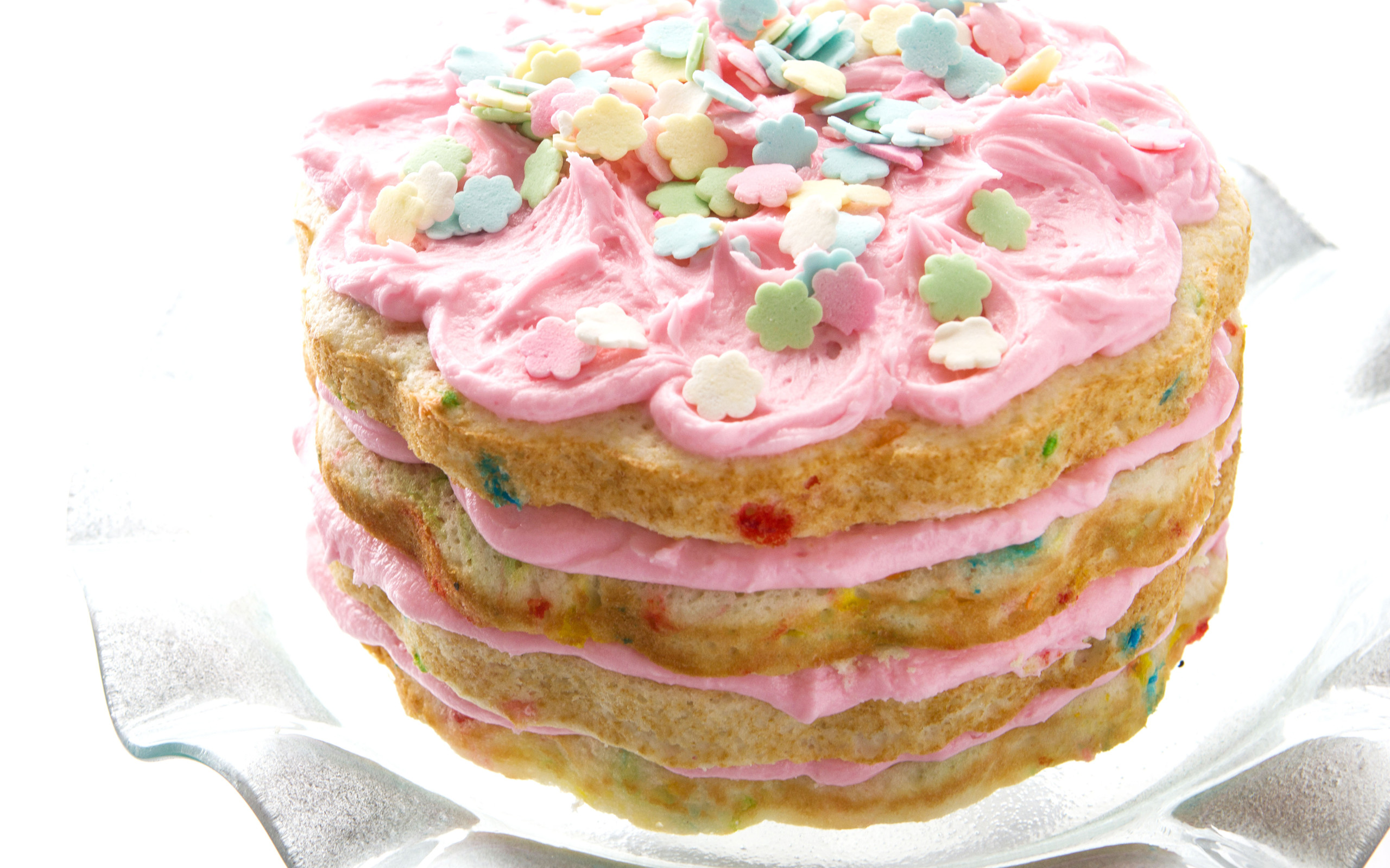 Torta a strati, Glassa rosa, Confetti, 2K, sfondo per portatile