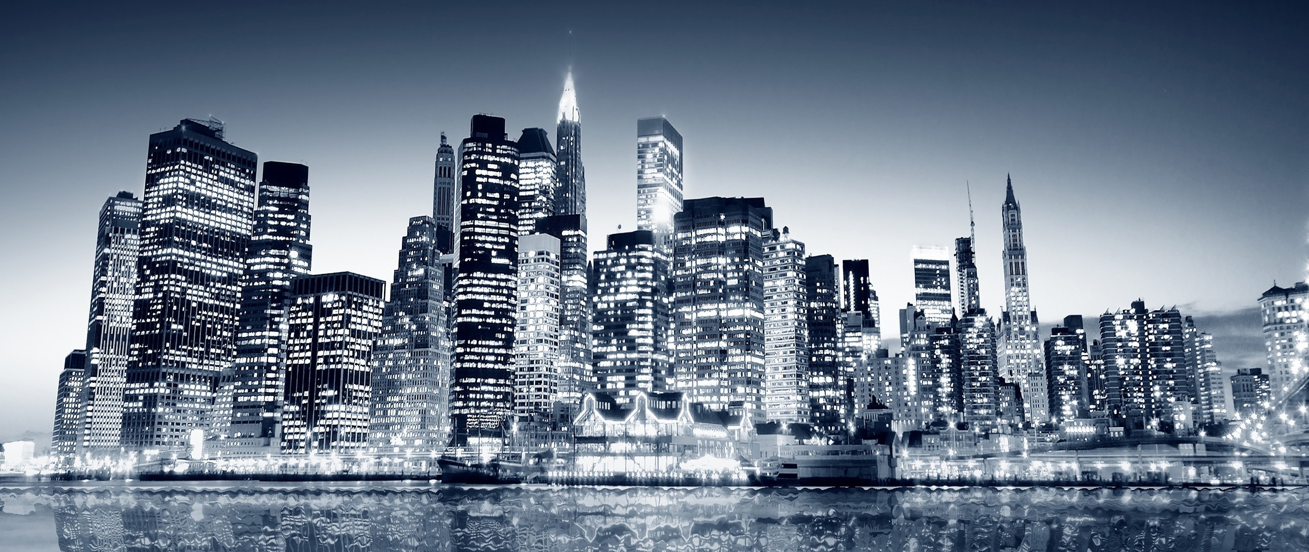 Lower Manhattan, Skyline, Notte, Blu, 21:9 Full HD, sfondo widescreen