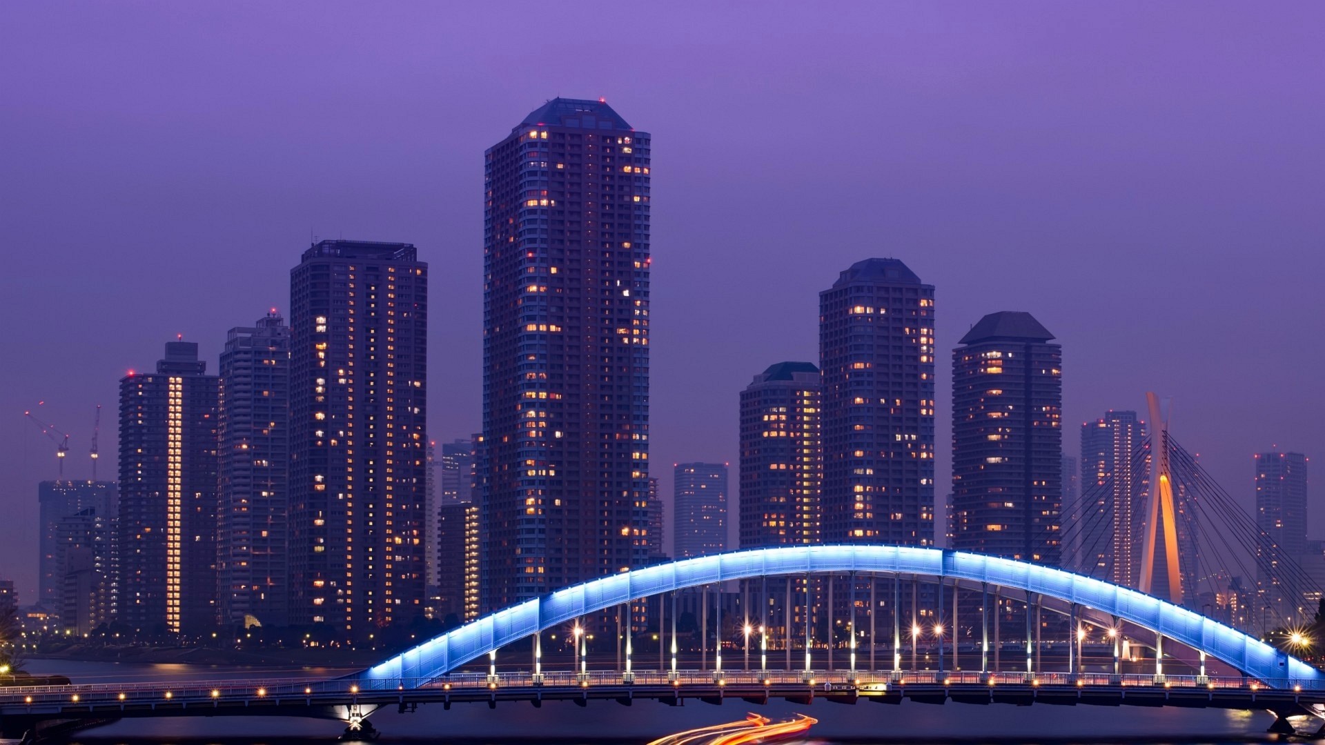 Ponte Eitai, Tokyo, Grattacieli, Crepuscolo, Full HD 1080p, sfondo desktop