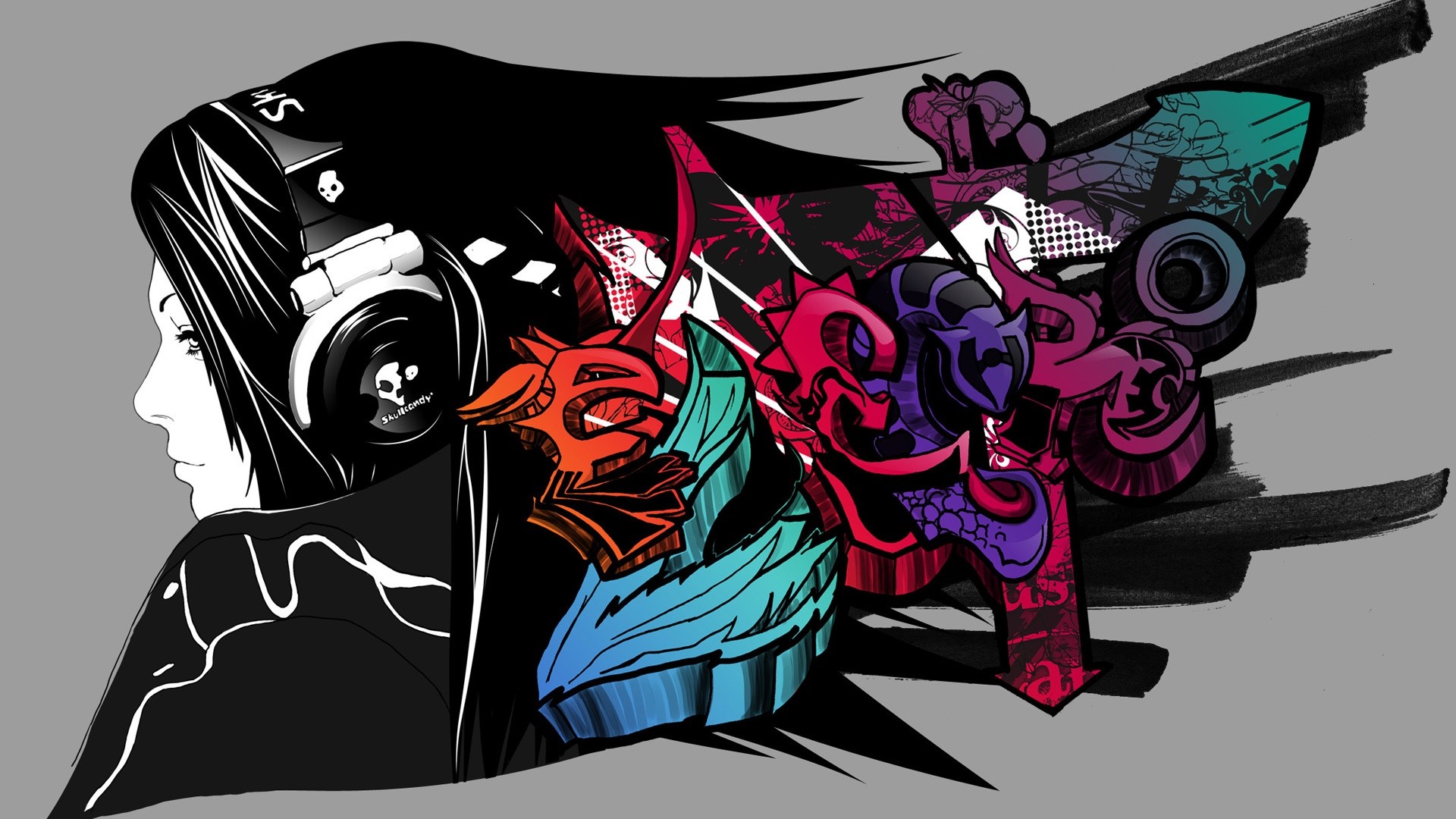 Ragazza, Cuffie, Graffiti, Illustrazione, 1920x1080, immagine di sfondo