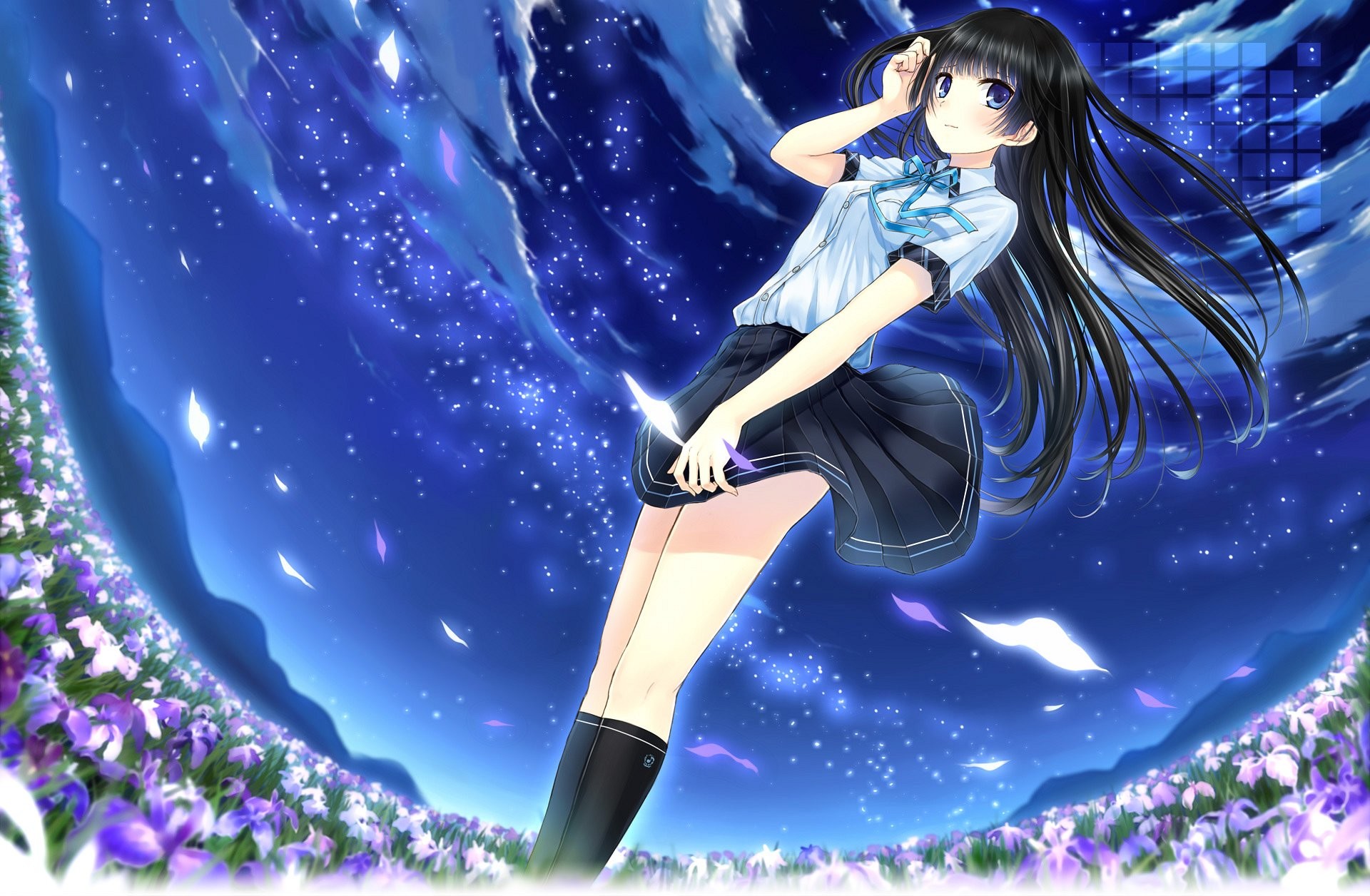 Ragazza anime, Uniforme scolastica, Cielo stellato, Fiori, Full HD, sfondo per portatile