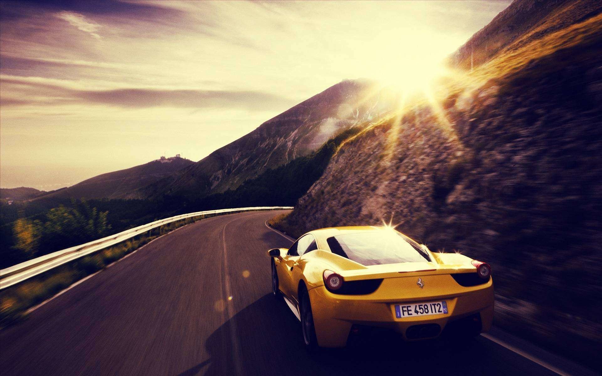 Ferrari 458 Italia, Giallo, Strada di montagna, Tramonto, 16:10 Full HD, sfondo widescreen