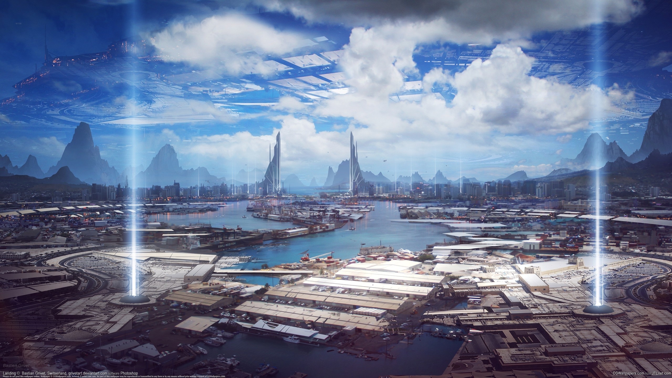 Città futuristica, Fasci di luce, Fiume, Montagne, Fantascienza, sfondo desktop 2560x1440