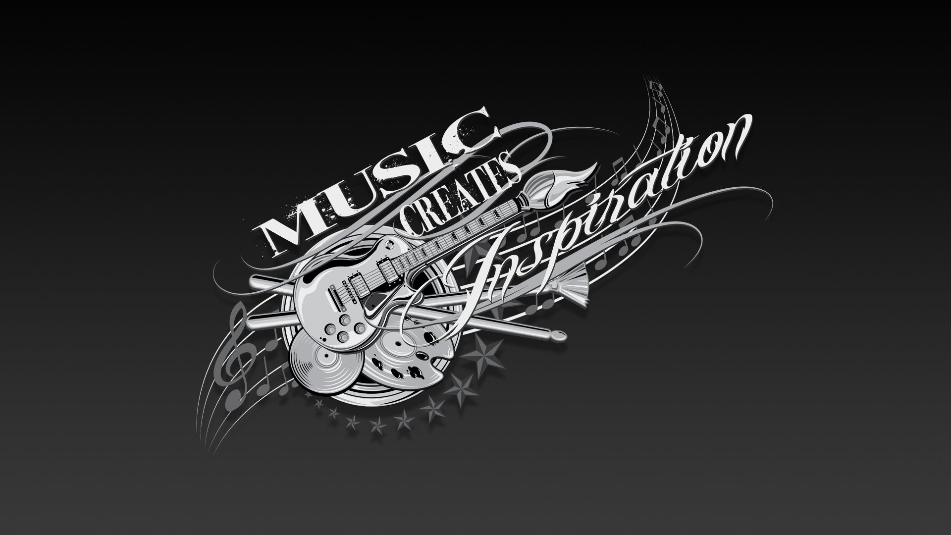 Music Creates Inspiration, Chitarra, Tipografia, Bianco e nero, 1920x1080, immagine di sfondo