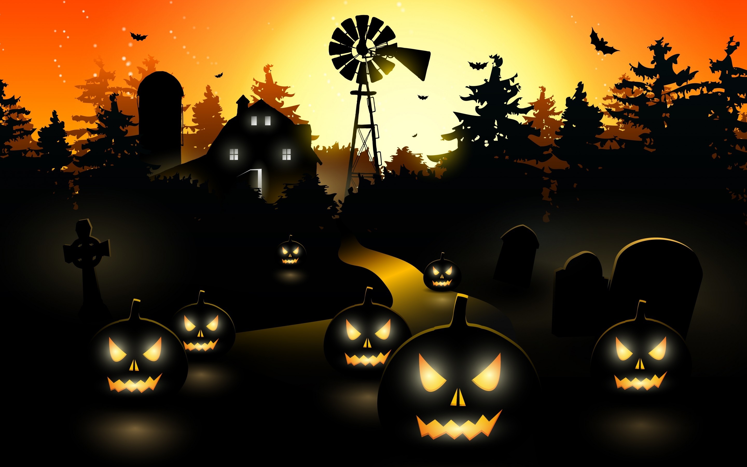 Mulino a vento, Cimitero, Jack-o'-lantern, Fattoria, Silhouette, sfondo desktop 2K
