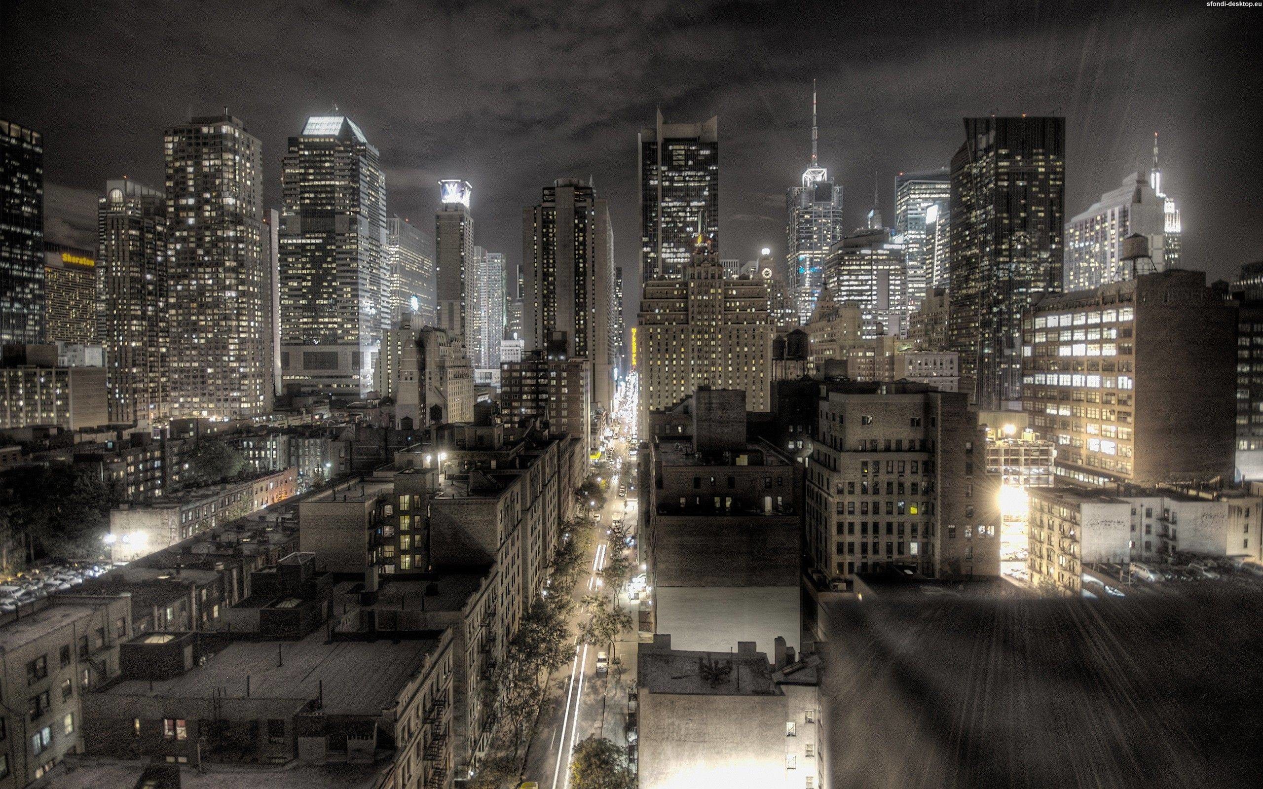 Manhattan, Grattacieli, Notte, Bianco e nero, 2K, wallpaper desktop