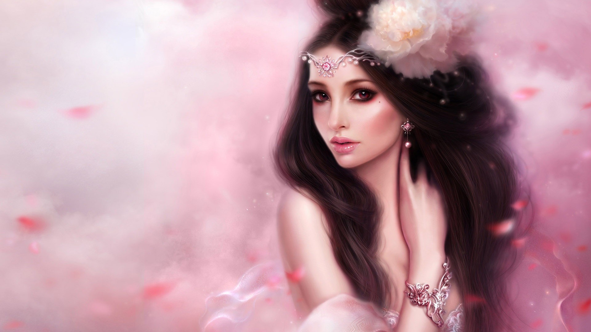 Ragazza fantasy, Arte digitale, Fiore tra i capelli, Rosa, Full HD, sfondo desktop