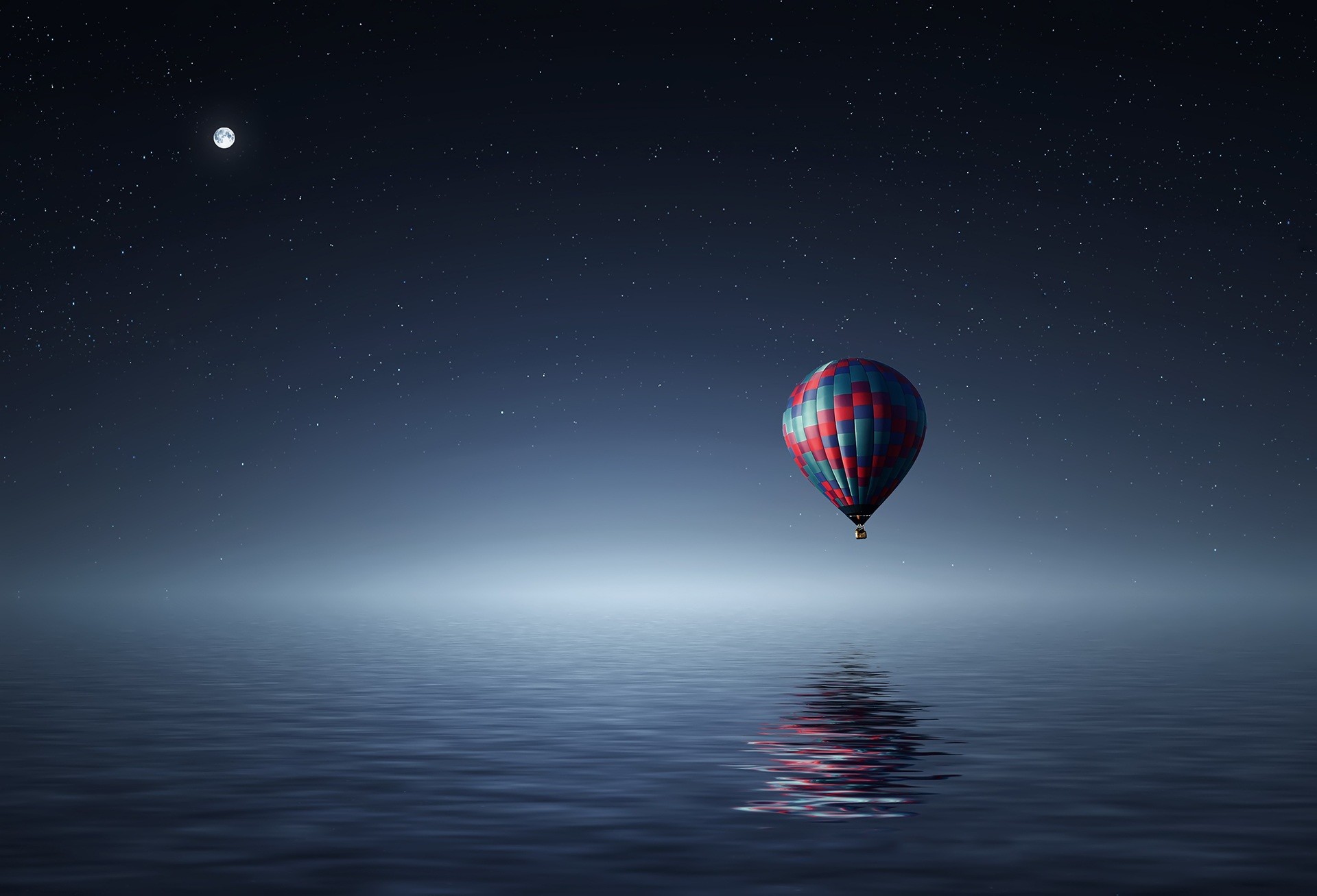 Mongolfiera, Notte, Acqua, Minimalista, Full HD, sfondo per PC