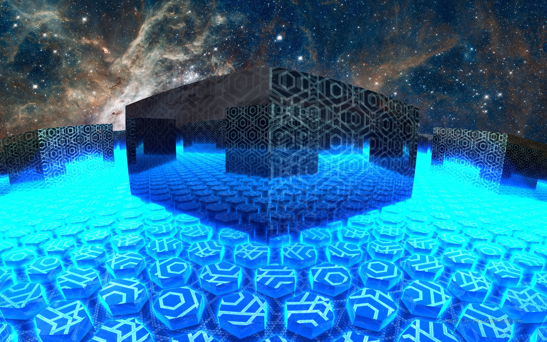 Cubo, Griglia luminosa, Nebulosa, Arte 3D, Fantascienza, Azzurro, sfondo 1920x1200 per PC