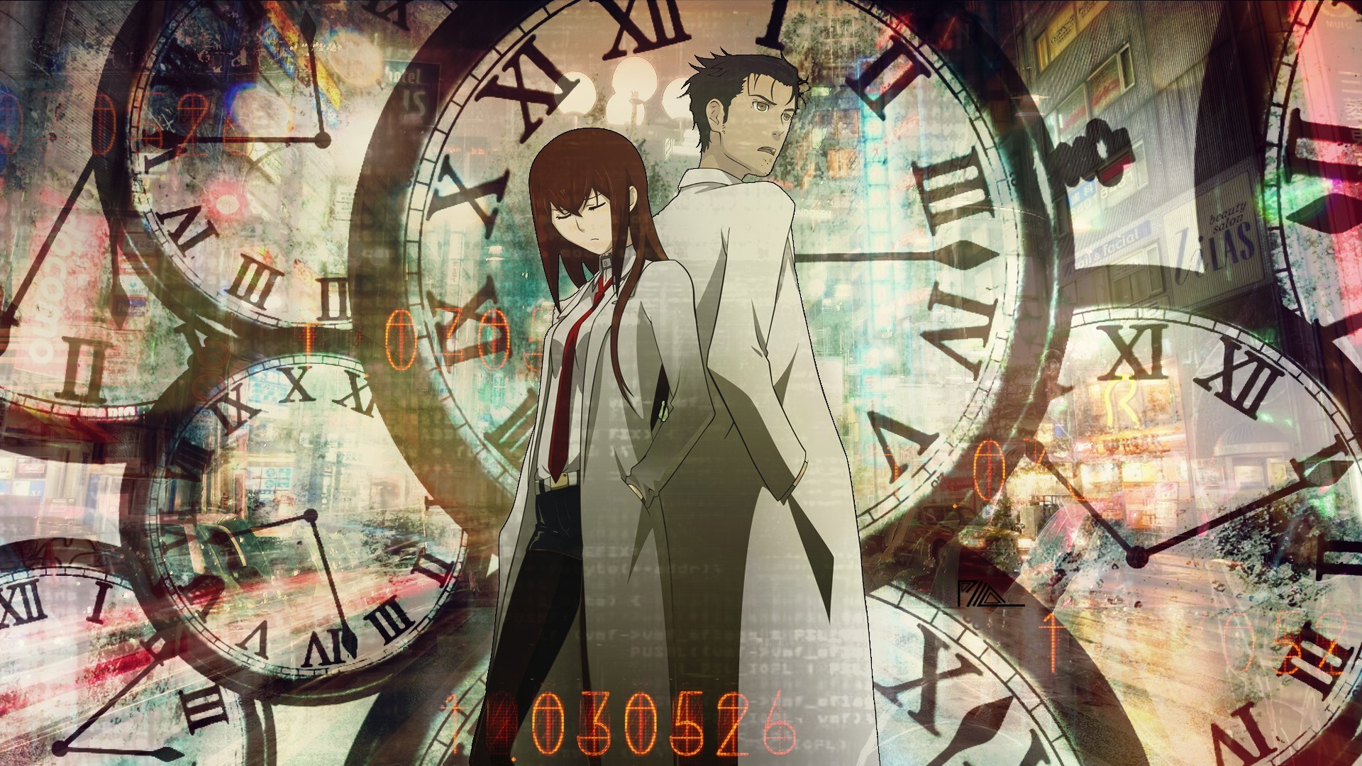 Kurisu Makise, Rintaro Okabe, Steins;Gate, Orologi, Collage, 16:9 Full HD, sfondo widescreen