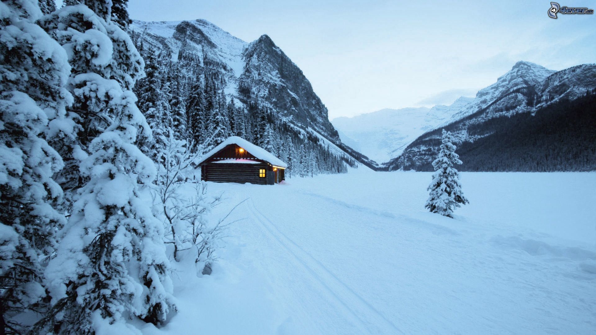 Lake Louise, Baita, Montagne, Neve, 1920x1080, immagine di sfondo
