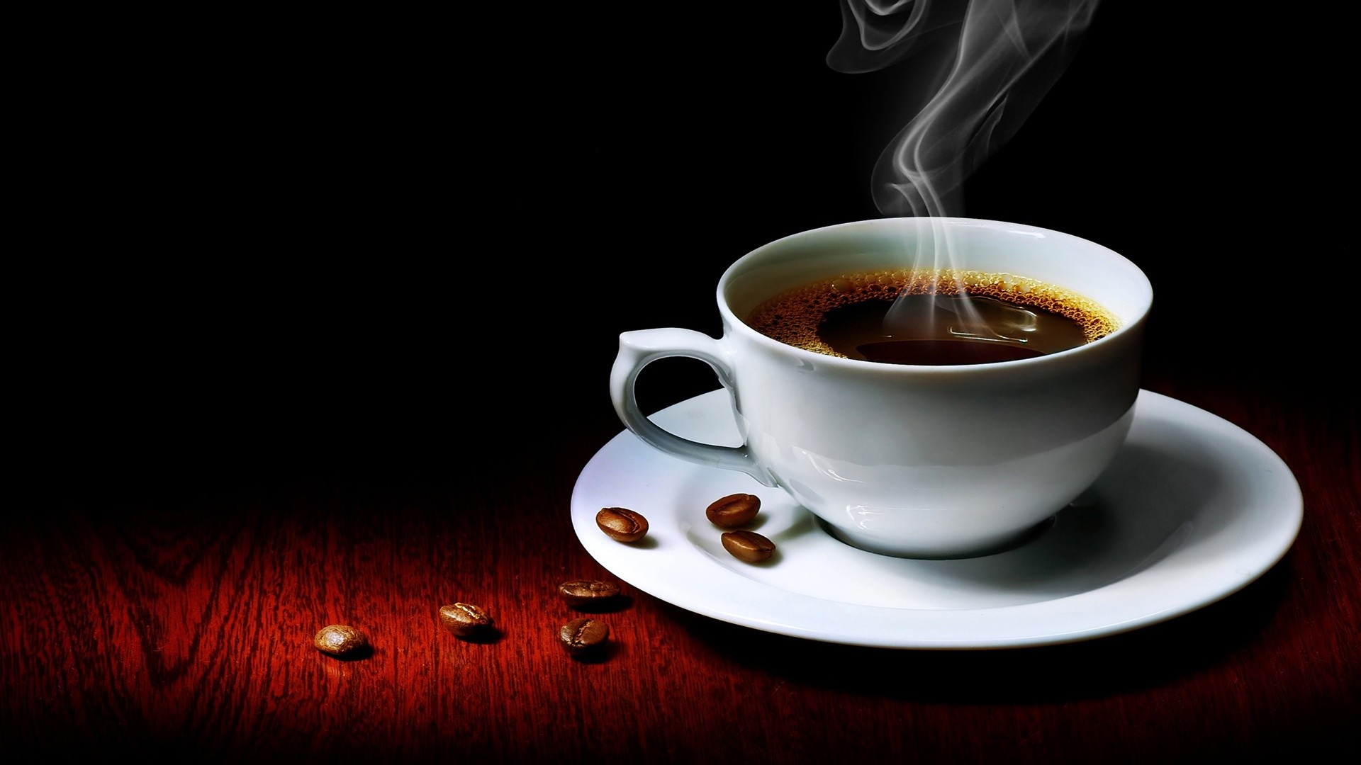 Tazza di caffè, Vapore, Chicchi di caffè, Sfondo nero, Espresso, wallpaper per portatile