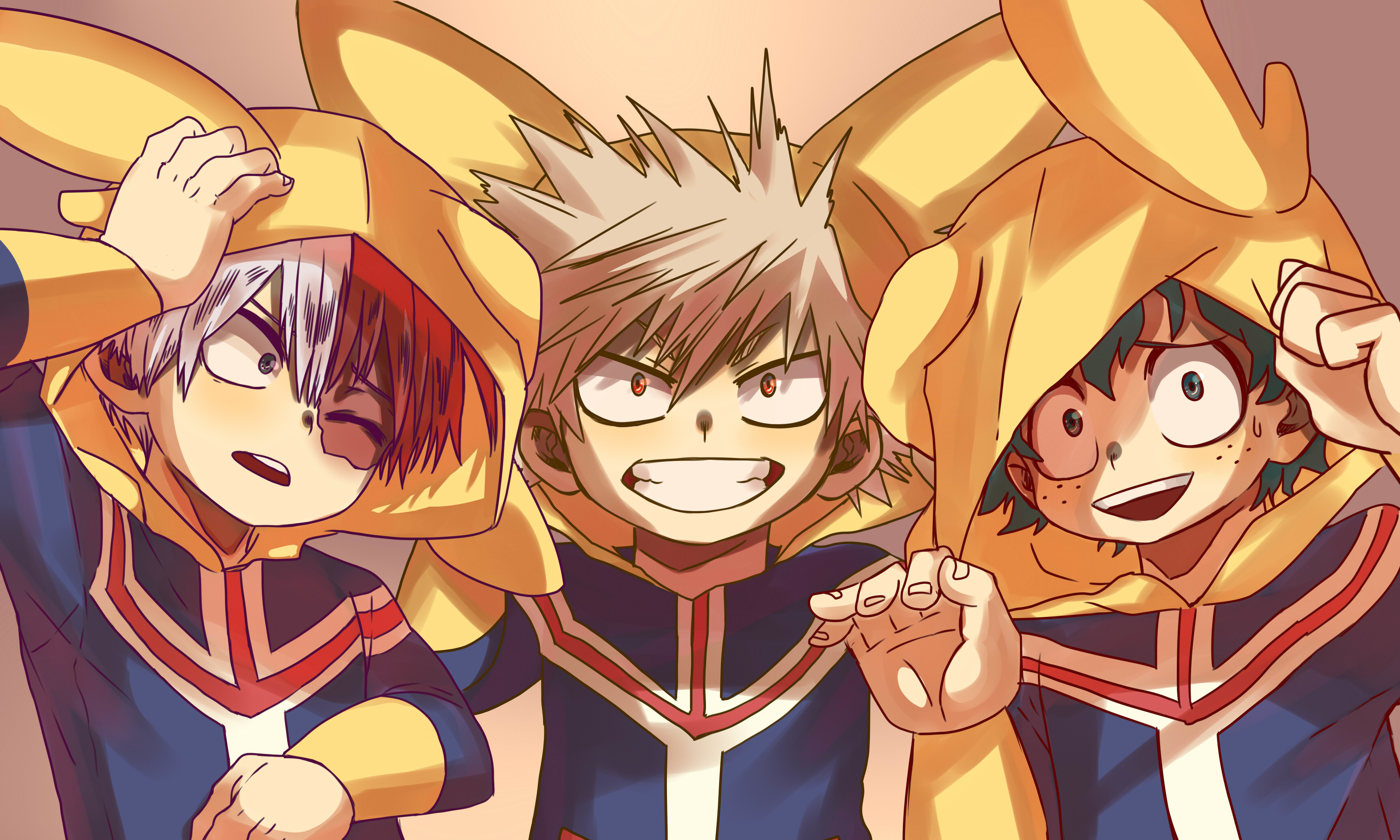 Shoto Todoroki, Katsuki Bakugo, Izuku Midoriya, My Hero Academia, Cappucci, sfondo 2K per computer