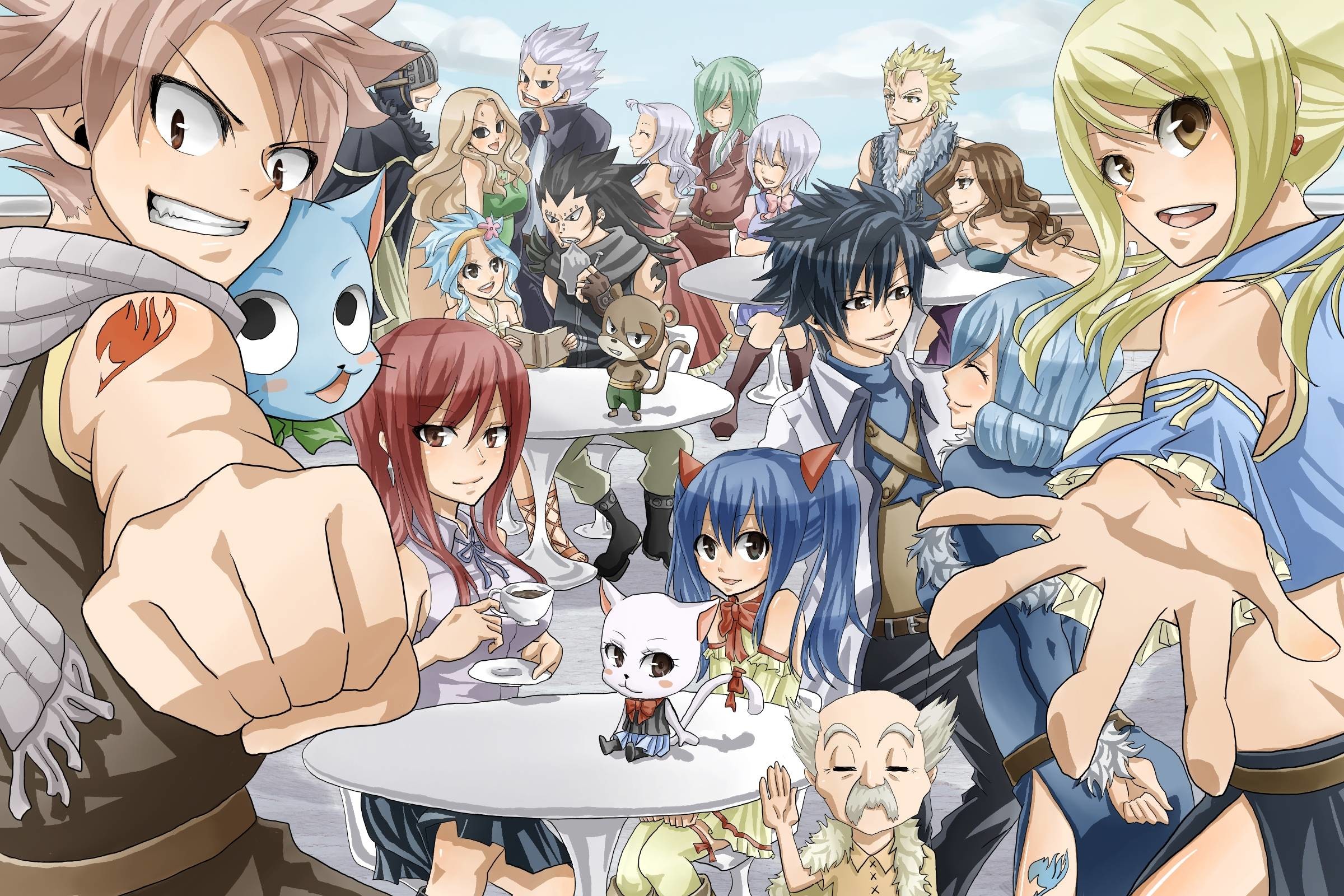 Fairy Tail, Natsu Dragneel, Lucy Heartfilia, Erza Scarlet, Happy, Gilda, sfondo Full HD per portatile