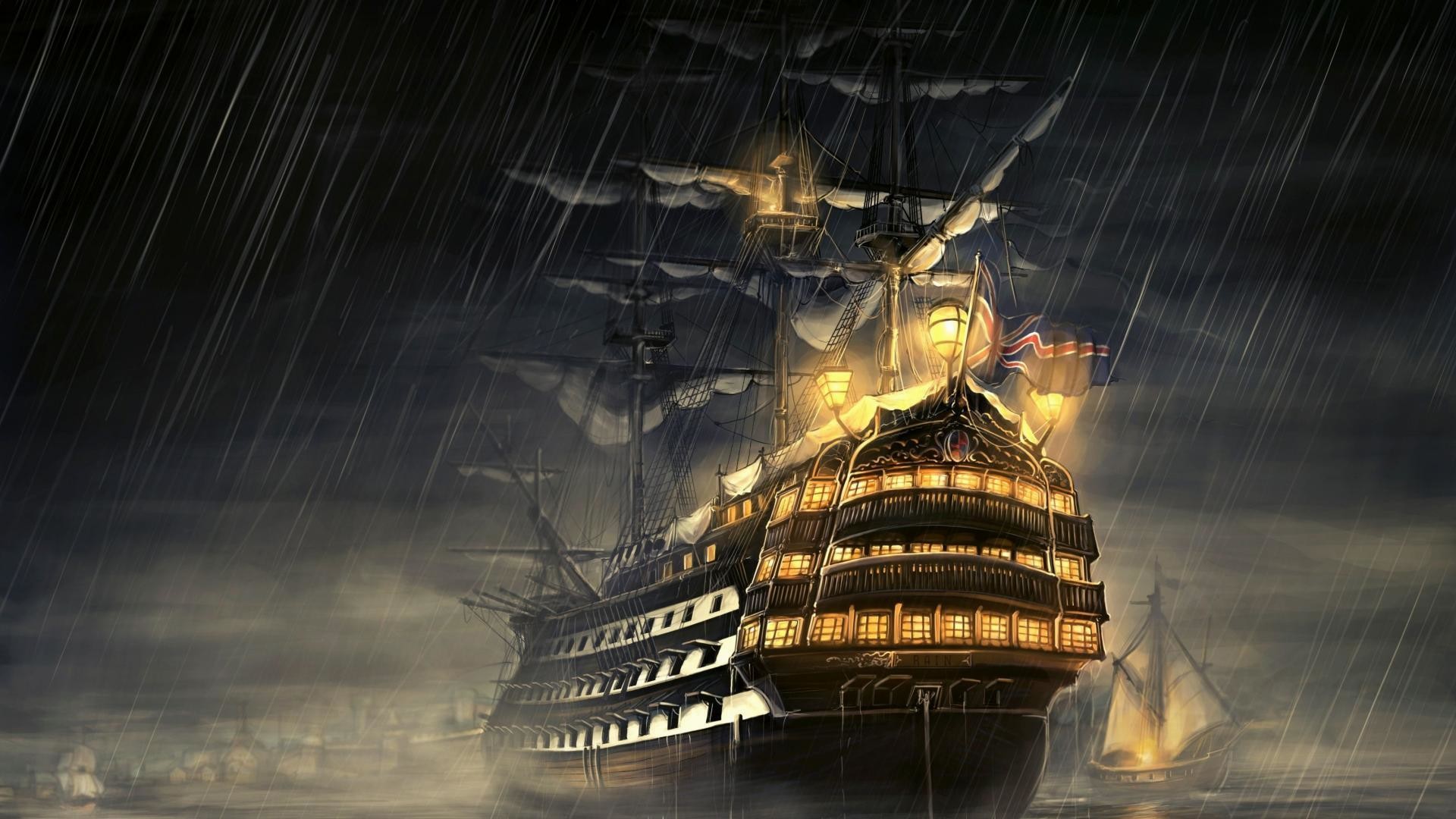 Pirati, Galeone, Notte, Pioggia, 1920x1080, sfondo per PC