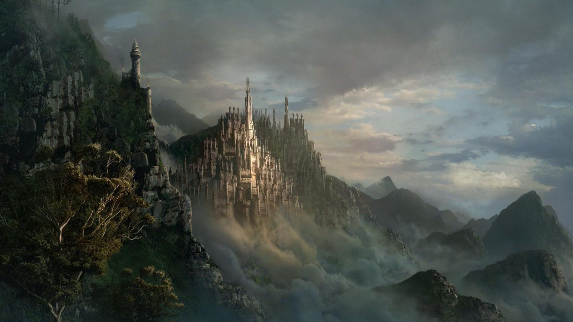 Città fantasy, Montagne, Nebbia, Castello, Foresta, Full HD, sfondo per PC e portatile