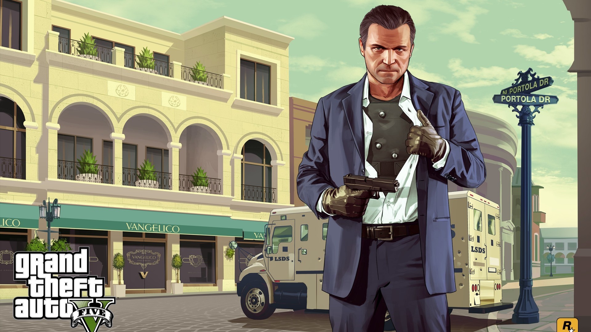 Michael De Santa, Grand Theft Auto V, Portola Drive, Furgone portavalori, sfondo 16:9 Full HD