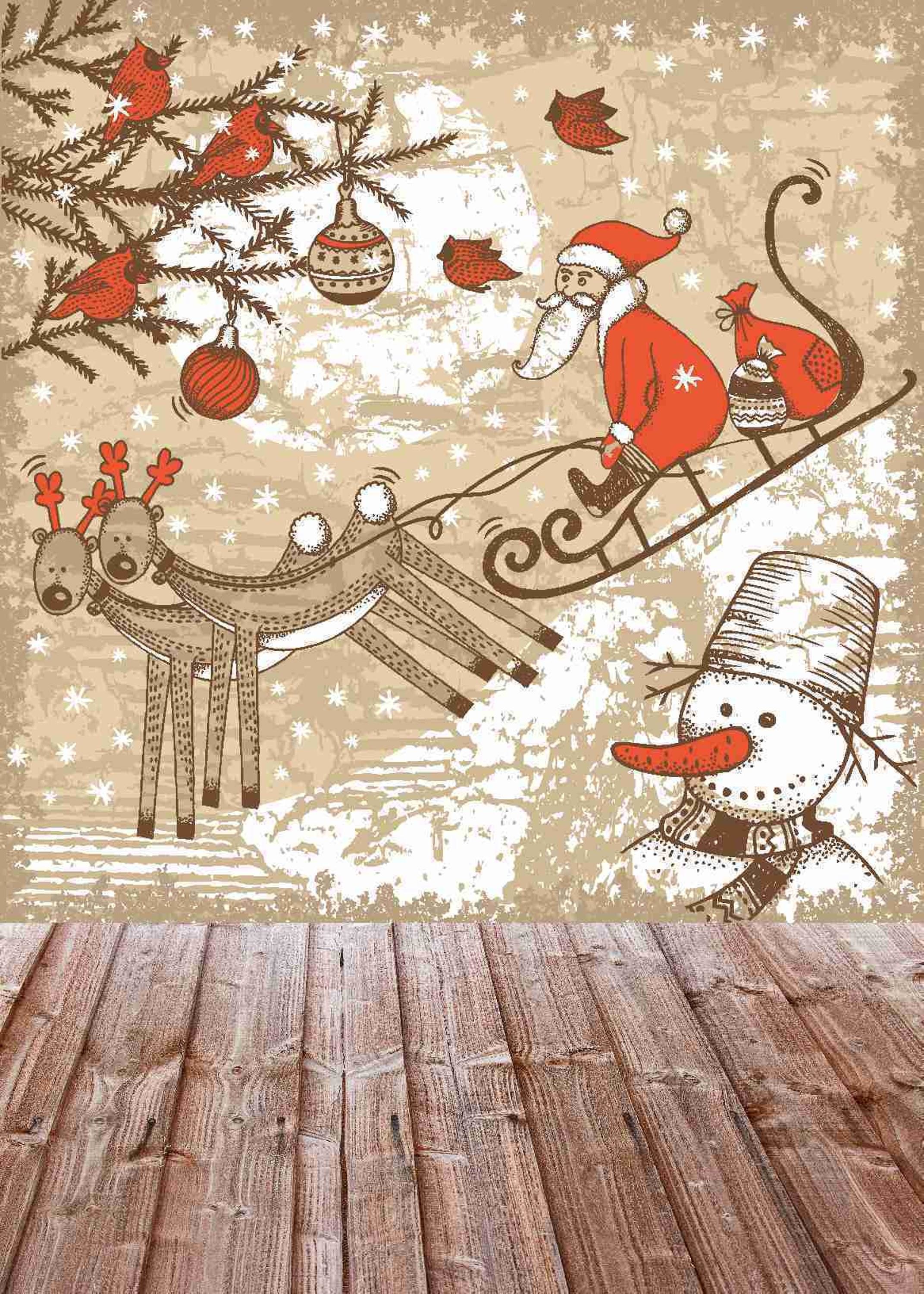Natale, Babbo Natale, Pupazzo di neve, Pavimento in legno, sfondo per iPad e tablet