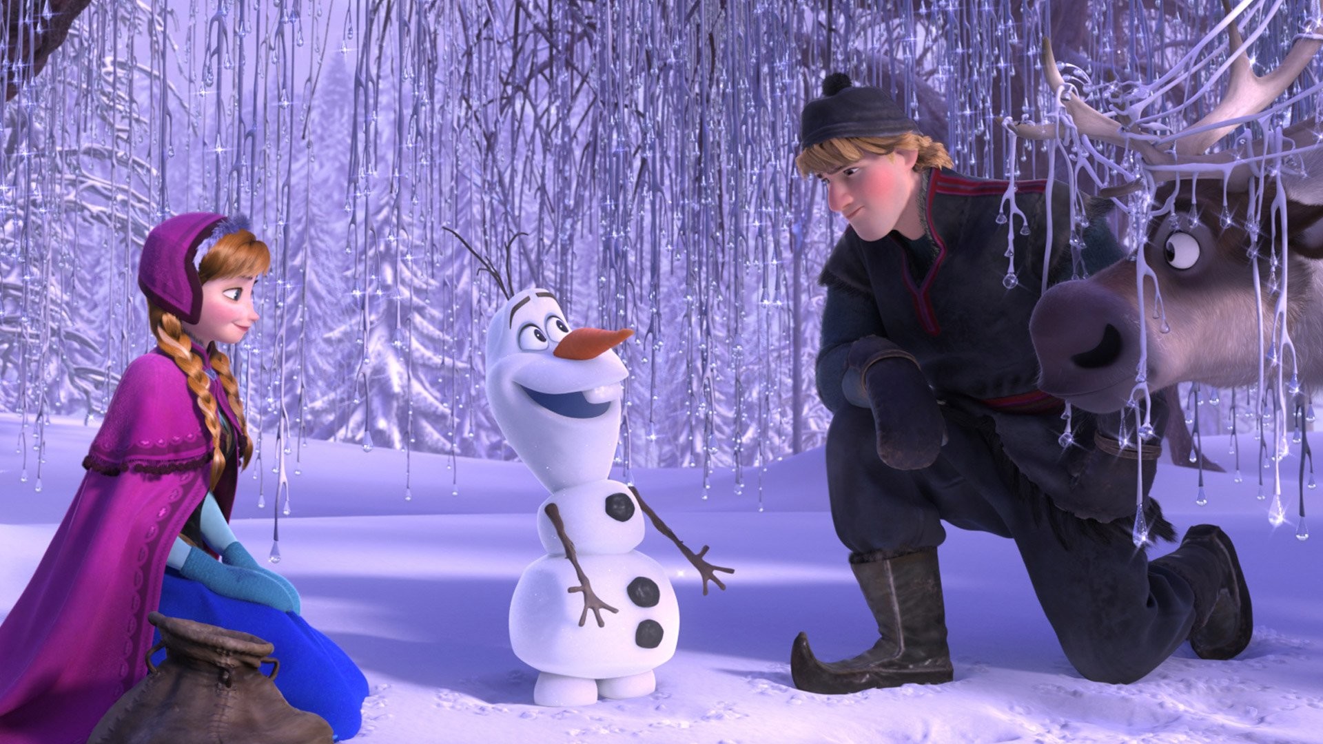 Anna, Olaf, Kristoff, Sven, Frozen - Il regno di ghiaccio, Foresta di ghiaccio, sfondo Full HD