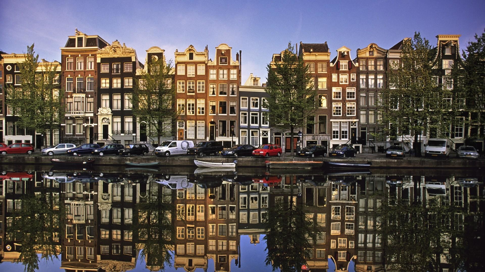 Amsterdam, Case sul canale, Riflesso, Paesi Bassi, 1920x1080, sfondo per PC