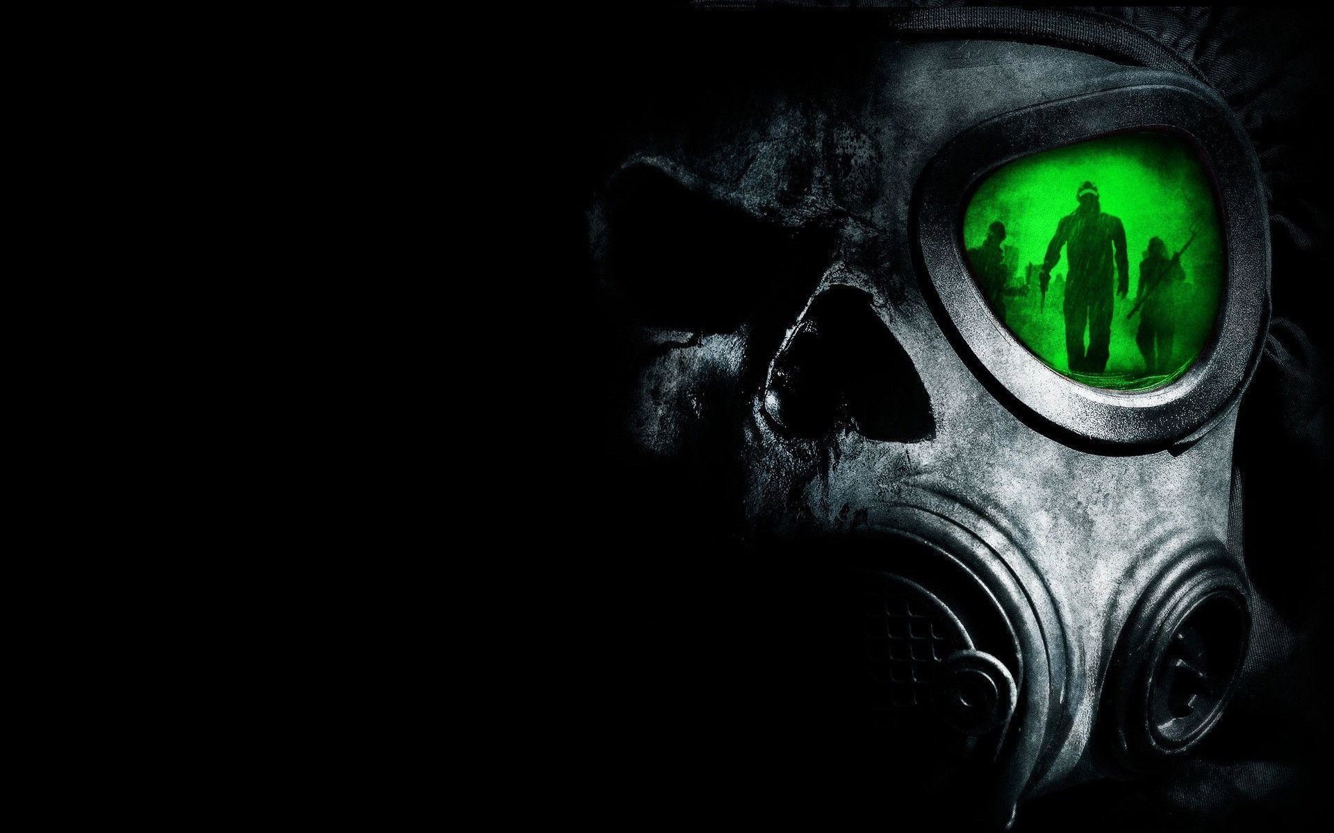 Teschio, Maschera antigas, Riflesso verde, Post-apocalittico, Buio, sfondo Full HD per PC