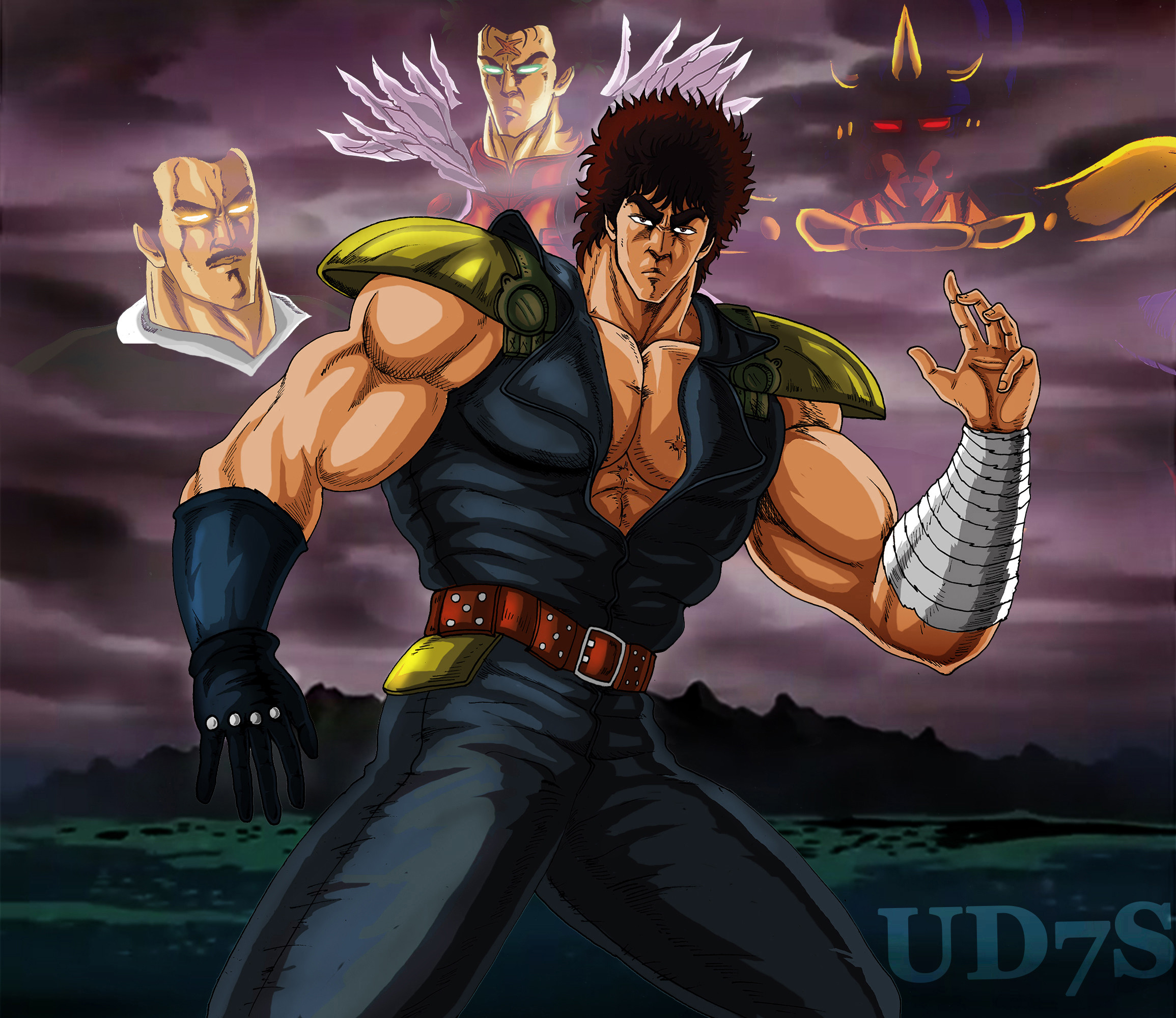 Kenshiro, Raoh, Ken il guerriero, Fan art, Cielo viola, Full HD, sfondo per PC