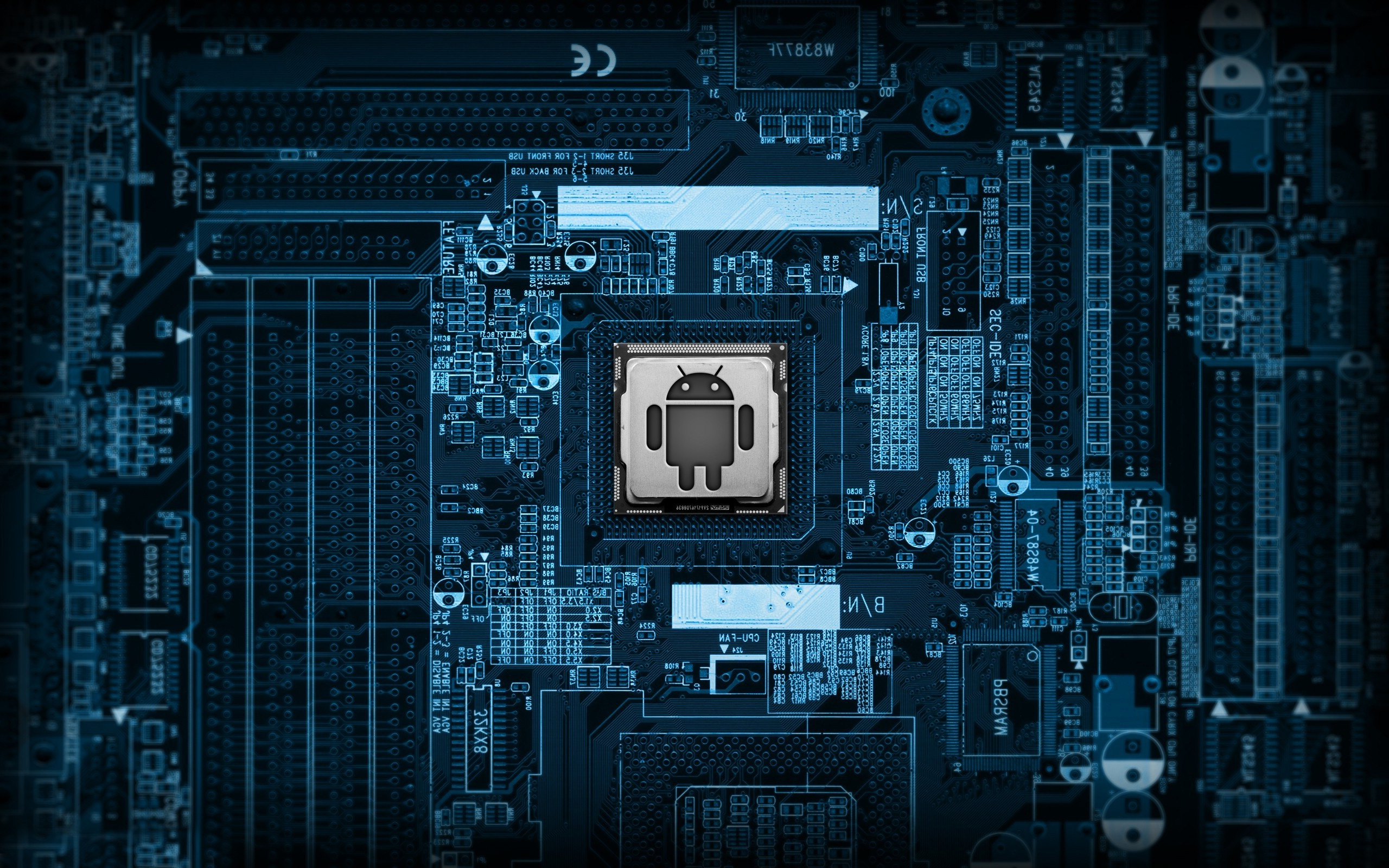 Logo Android, Android, Scheda madre, Circuito, Blu, 2K, sfondo per PC