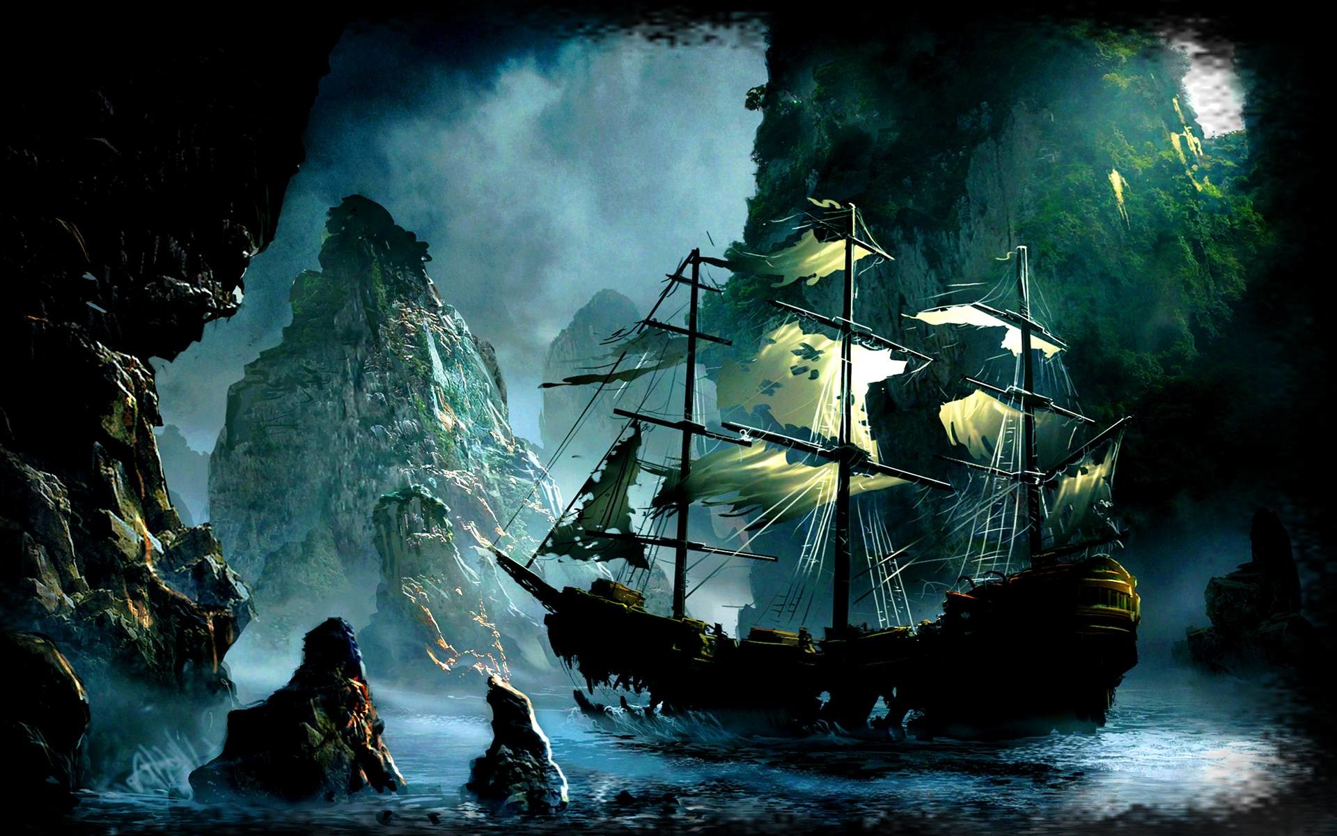 Nave pirata, Grotta, Fantasy, Mare, 16:10 Full HD, sfondo widescreen
